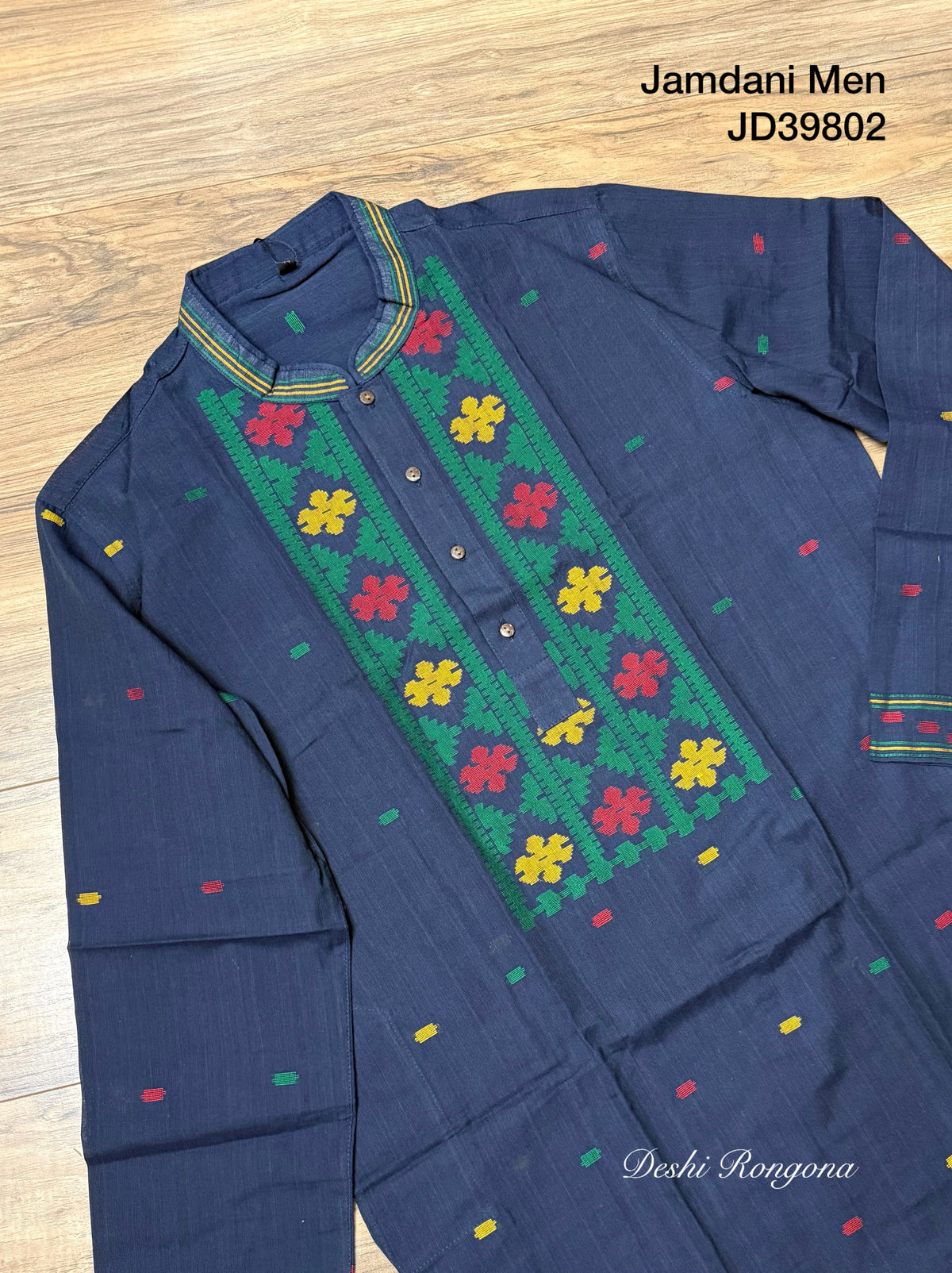 Original Dhakai Jamdani Punjabi – Handwoven Pure Cotton, Navy Blue