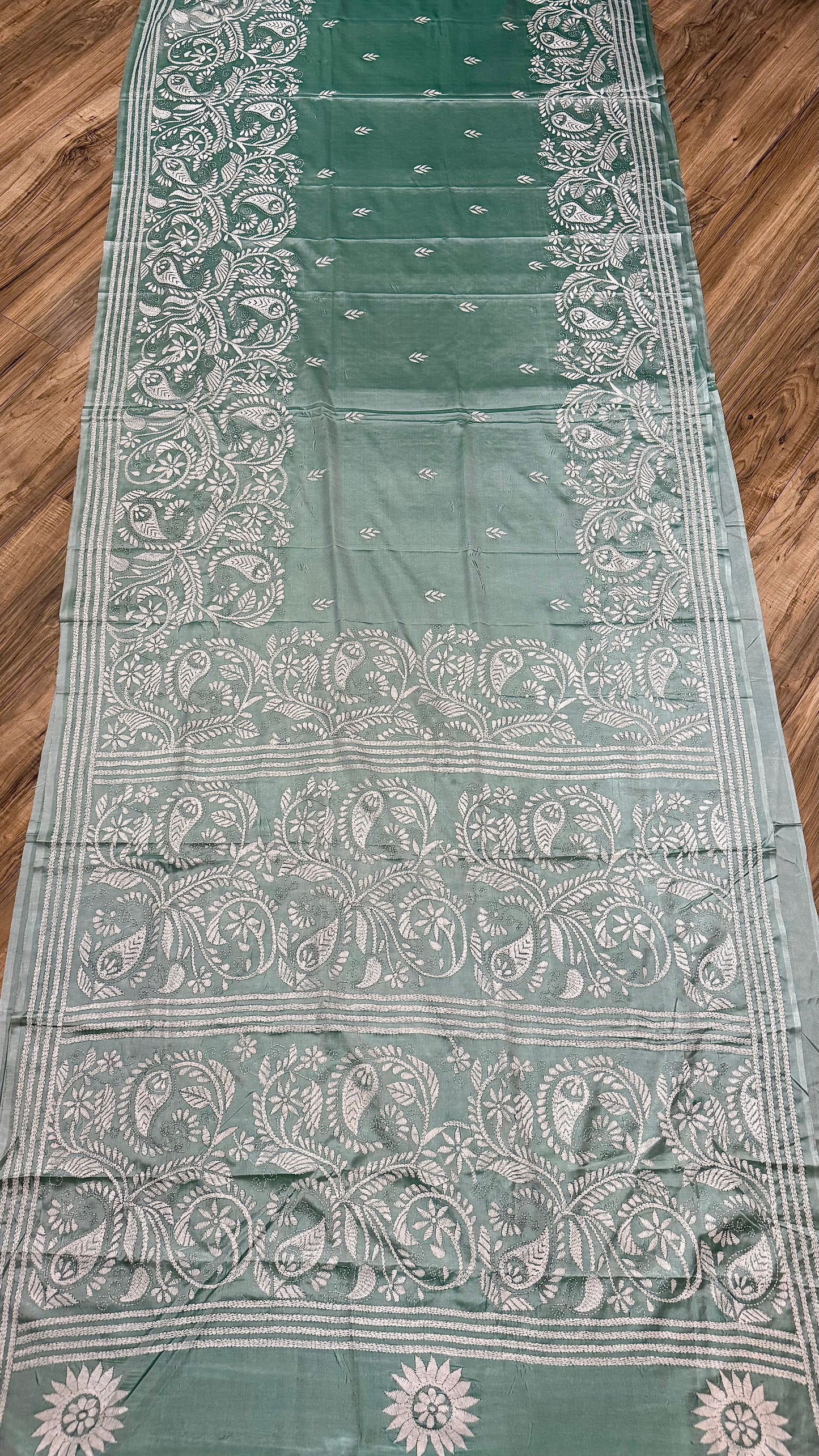 Bangalore Silk Kantha Saree - Light Mint