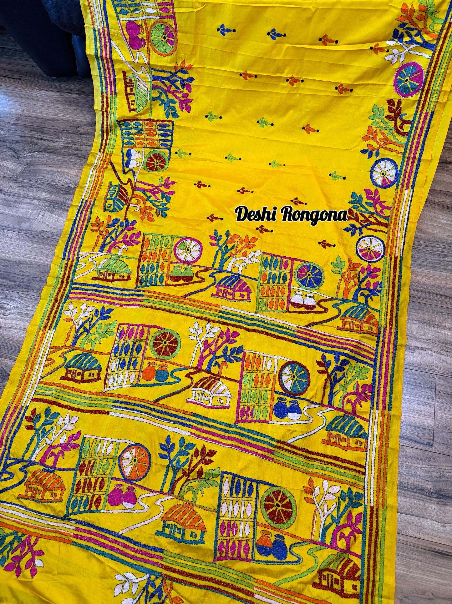 Yellow Bangalore Silk Kantha Saree