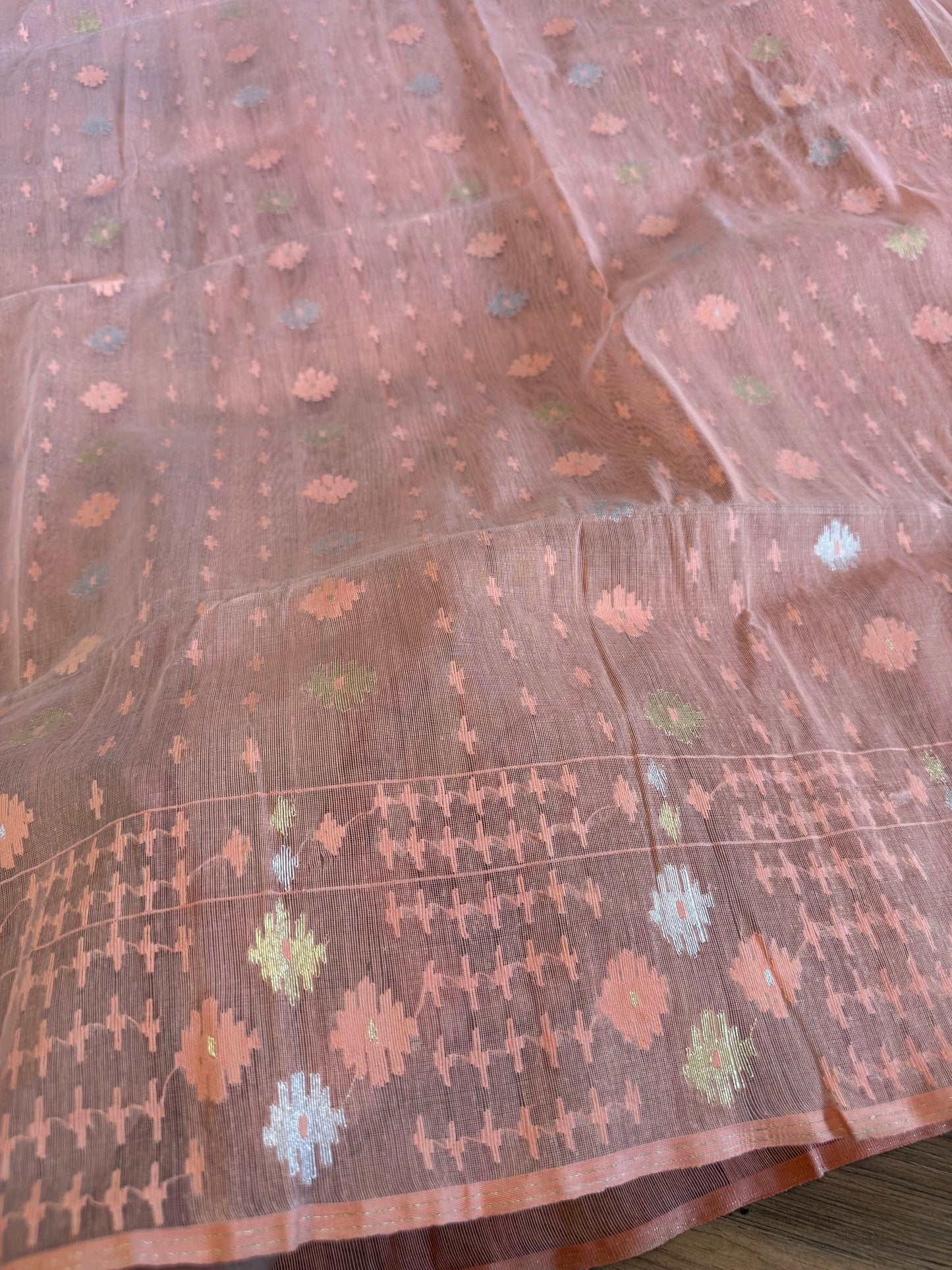Handwoven Dhakai Jamdani Saree – Peach Halfsilk