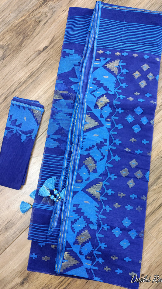 Royal Blue Dhakai Jamdani Saree – 64 Ct Halfsilk
