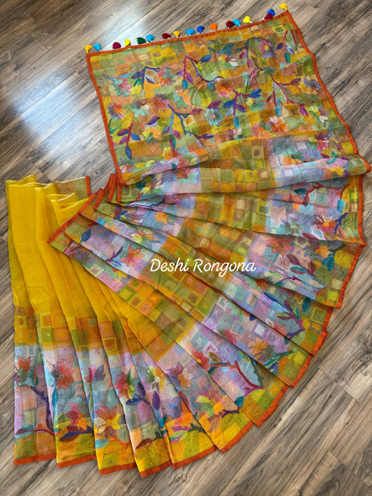 Pure Moslin Saree with Hand kantha and Handpaint