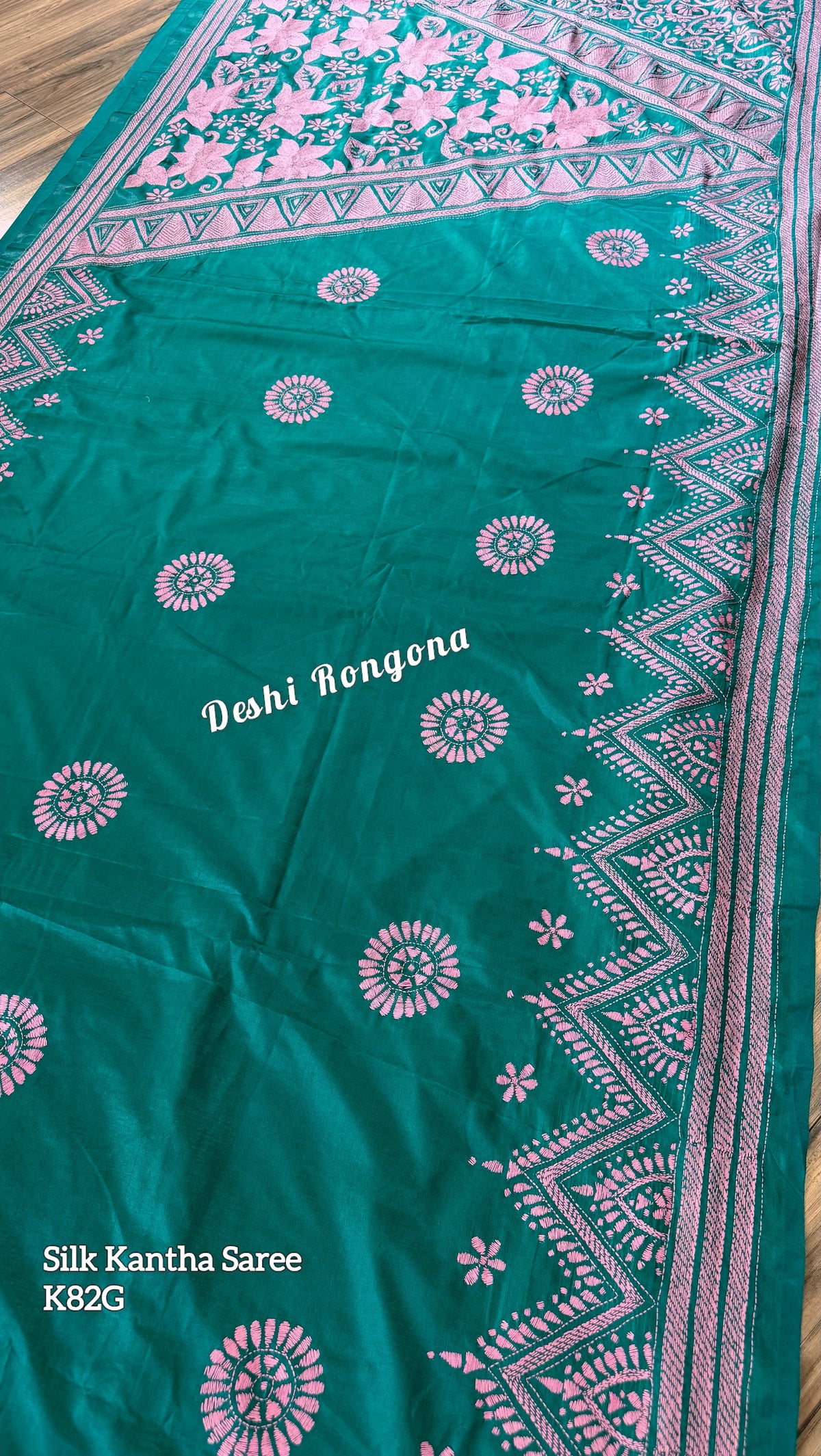 Sea green Bangalore Silk Kantha Saree with pink work