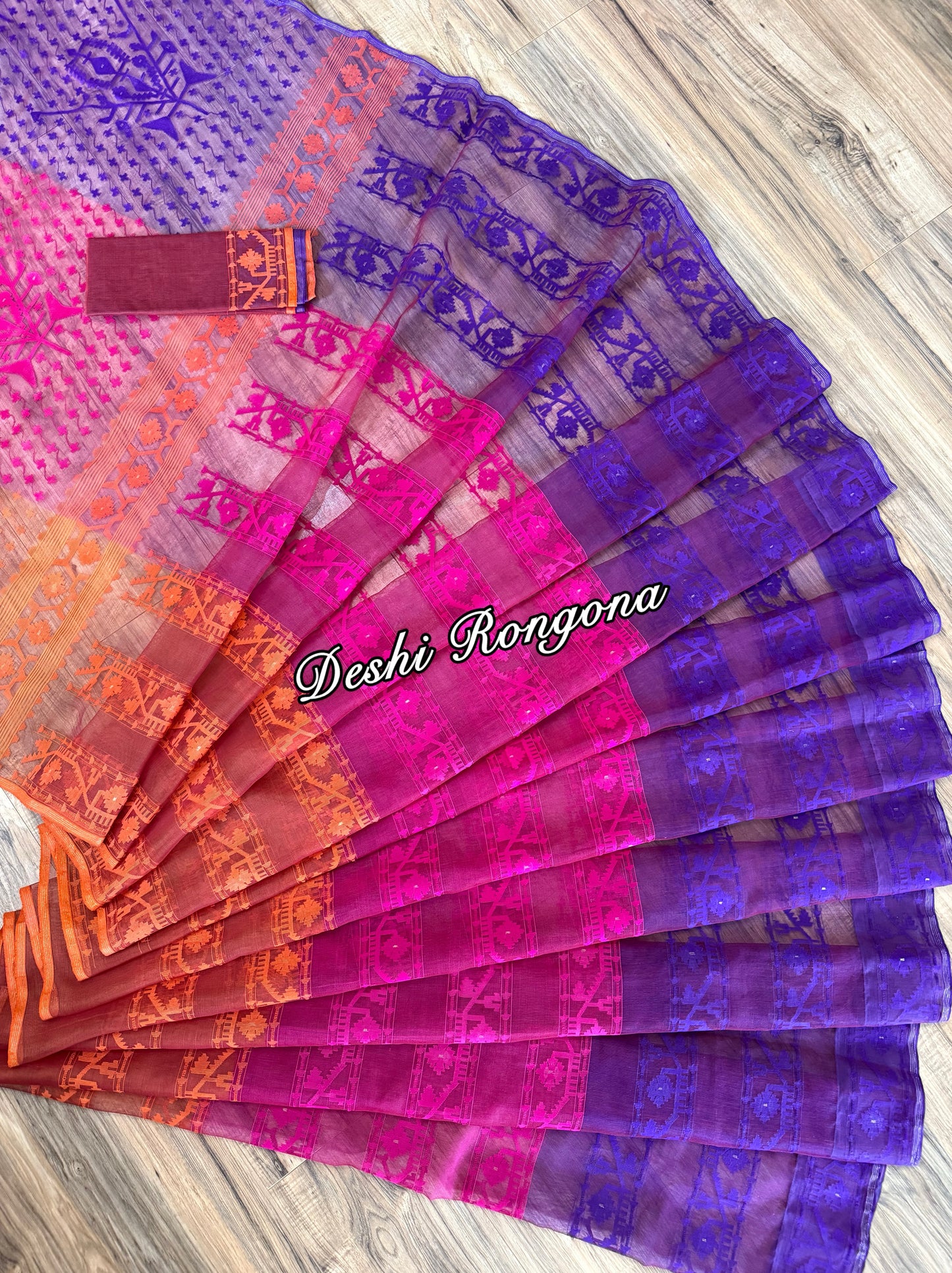 Elegant Magenta Orange Purple Dhakai Jamdani Saree - Handloom Classic
