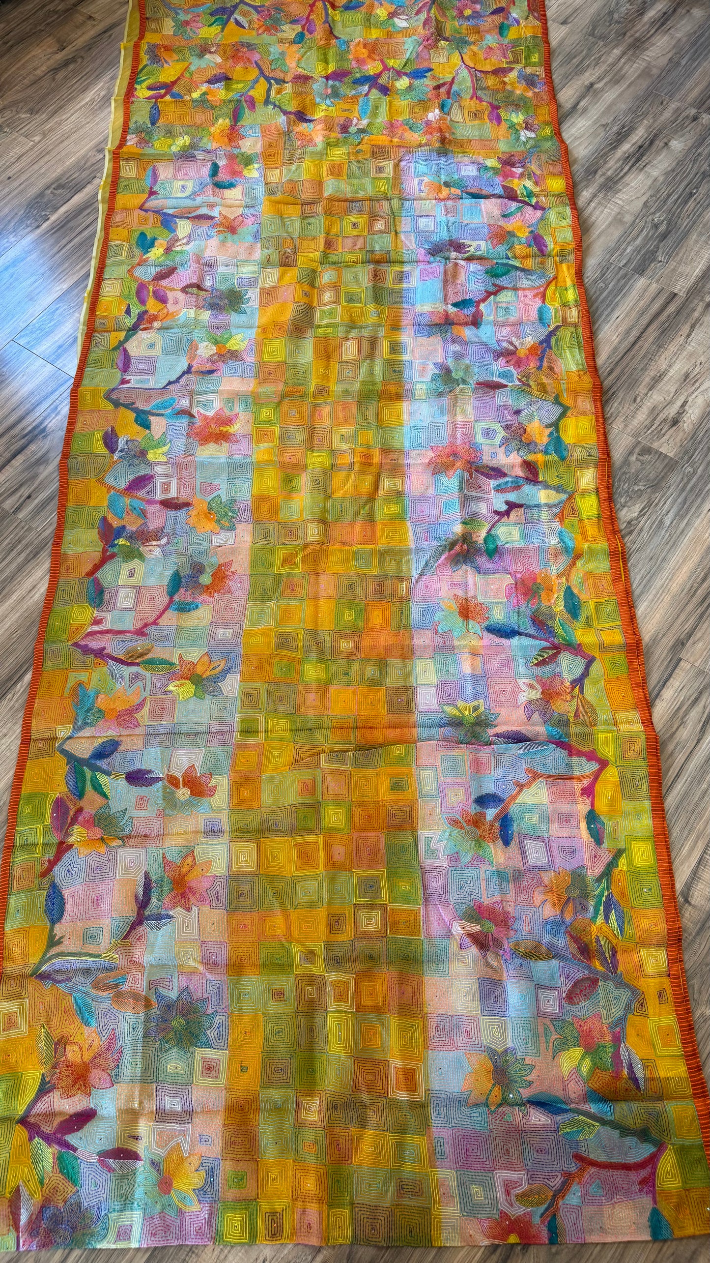 Pure Moslin Saree with Hand kantha and Handpaint