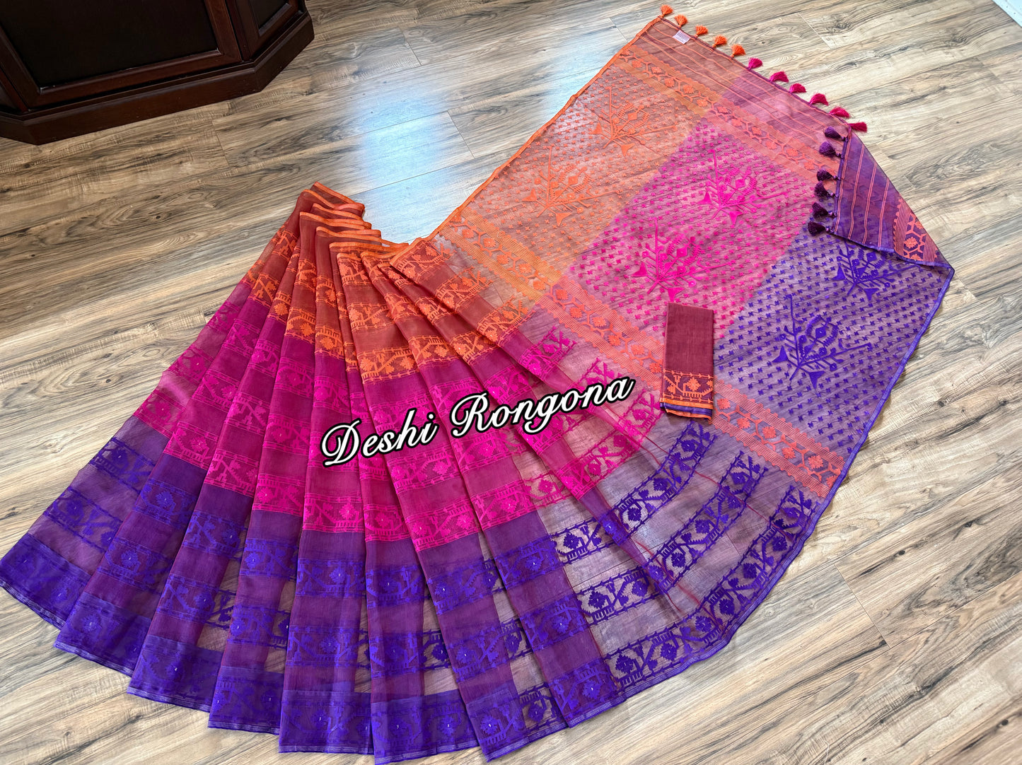 Elegant Magenta Orange Purple Dhakai Jamdani Saree - Handloom Classic