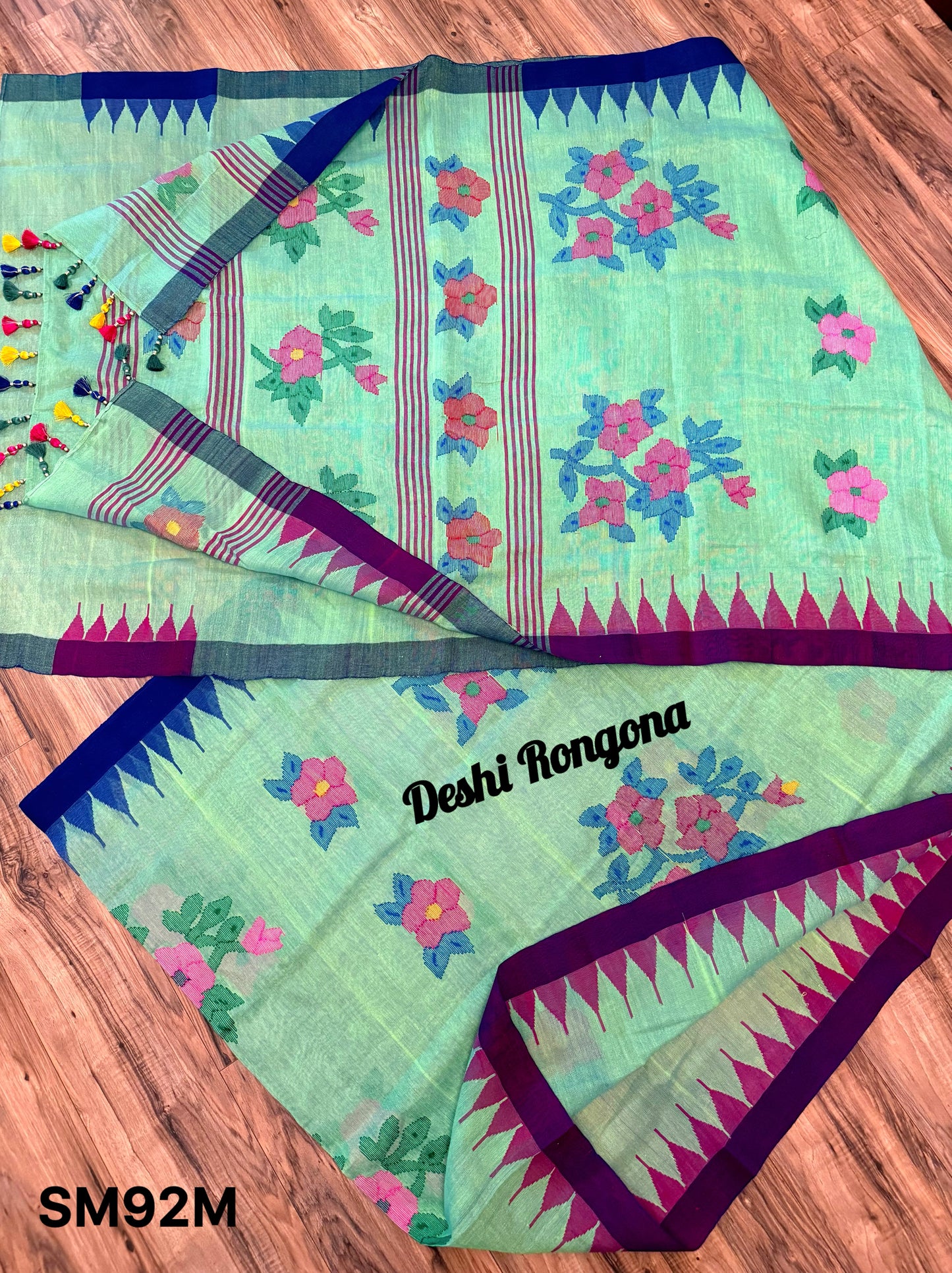 Sylheti Monipuri Saree, Mint with Purple/Blue Border
