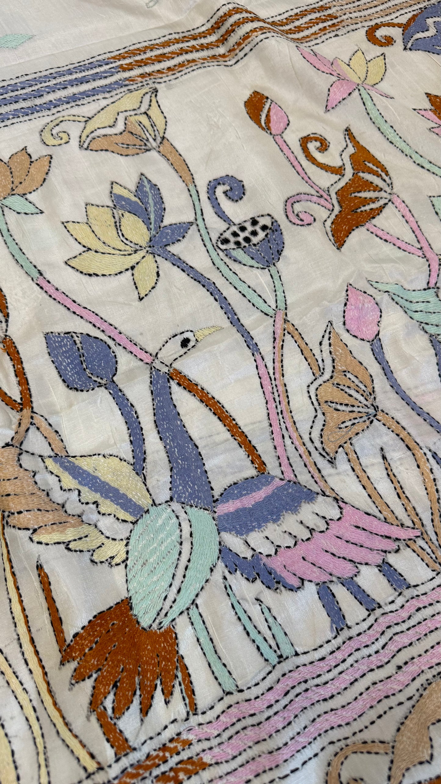 Bangalore Silk Kantha Saree- Heron theme