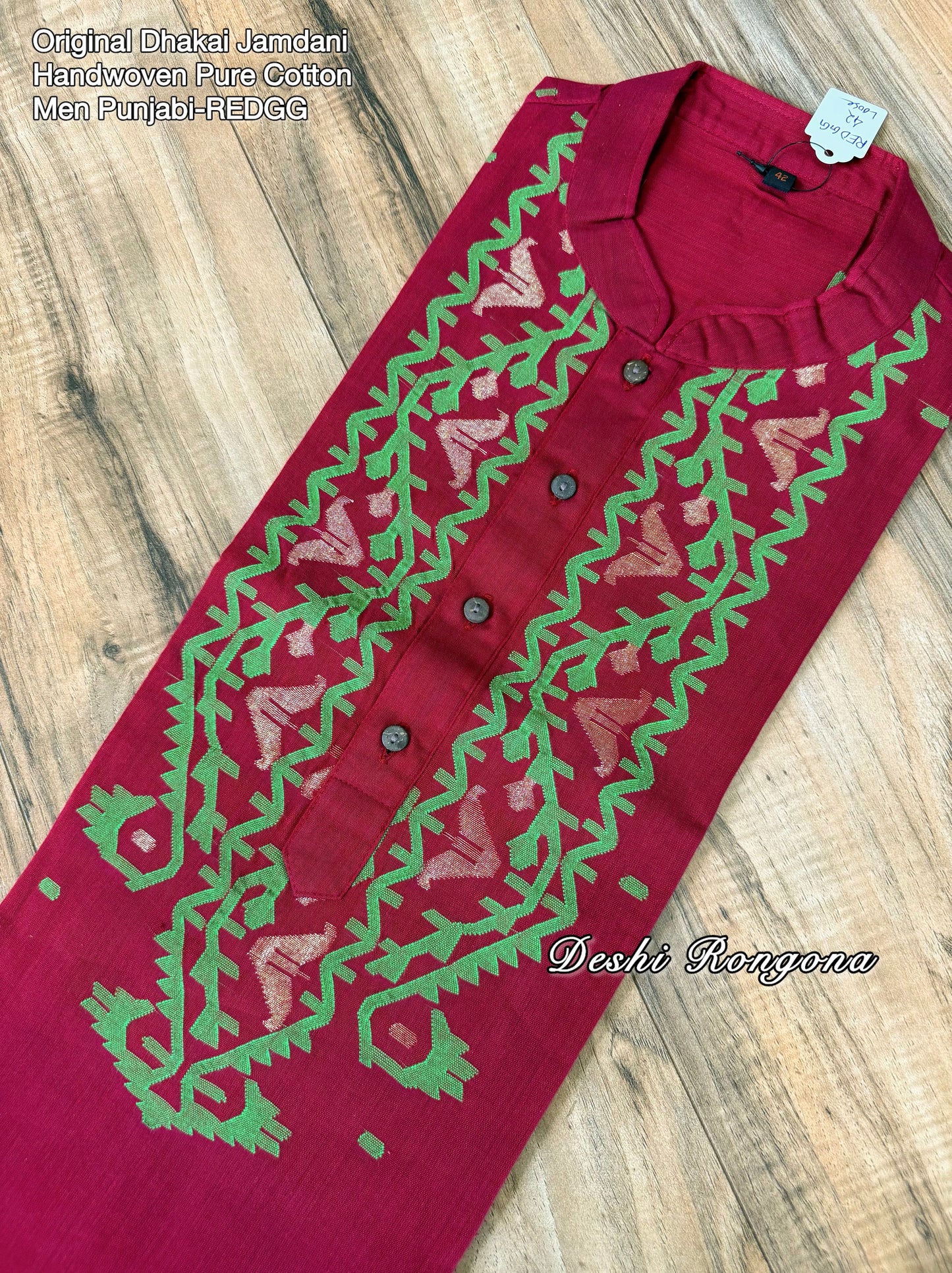 Original Dhakai Jamdani Punjabi – Handwoven Pure Cotton, RED