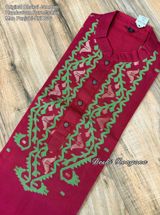 Original Dhakai Jamdani Punjabi – Handwoven Pure Cotton, RED