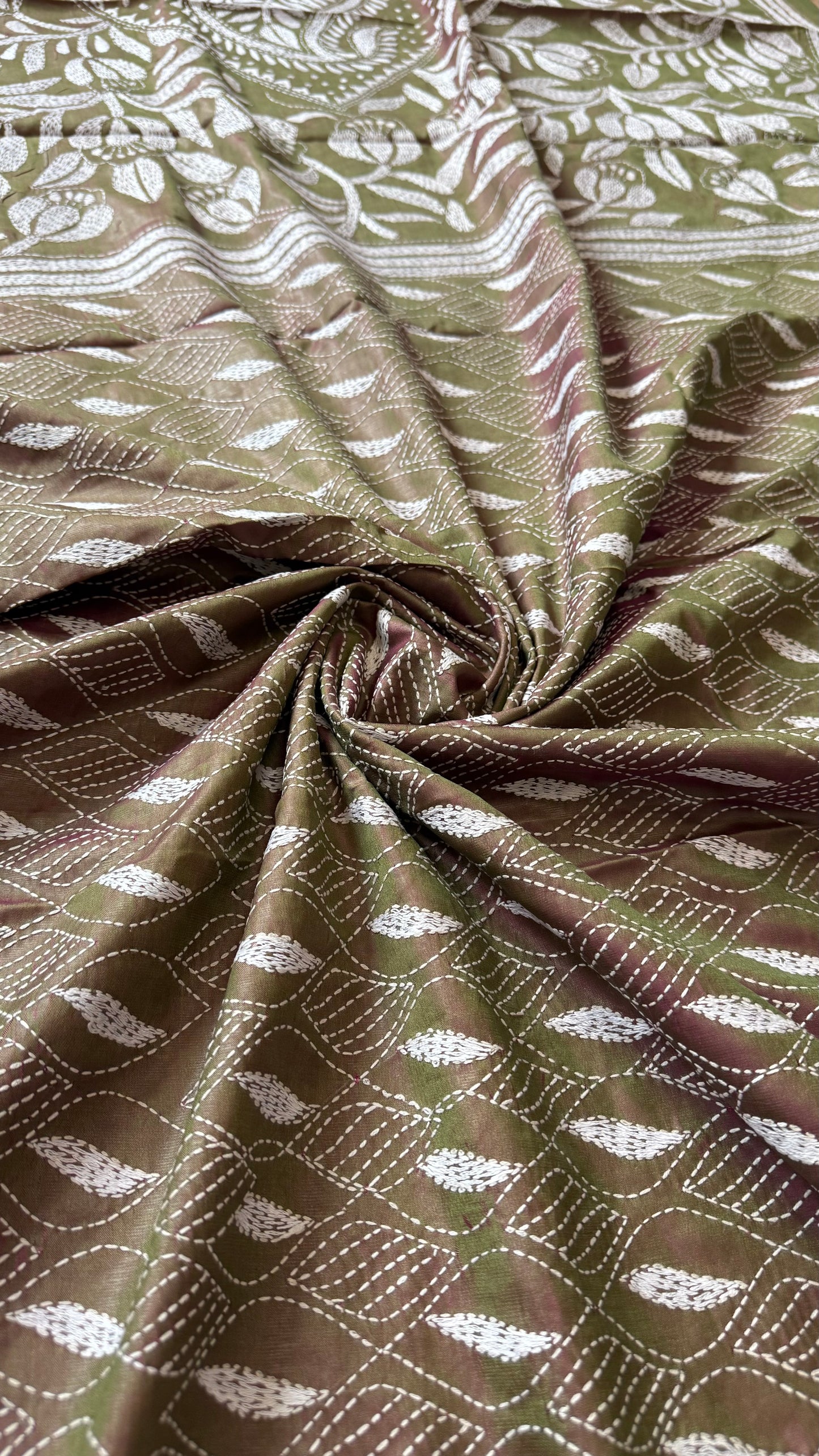 Duel Tone Olive Bangalore Silk Kantha Saree