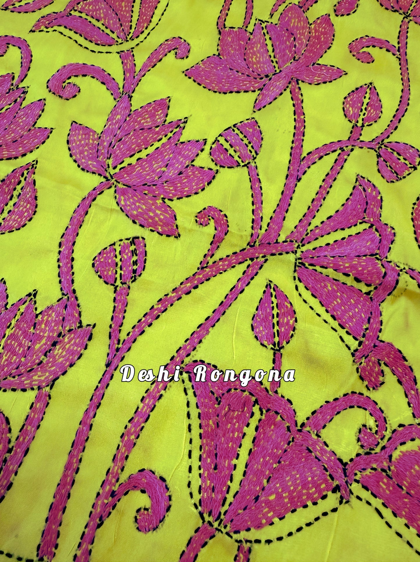 Yellow Bangalore Silk Magenta work Kantha Saree