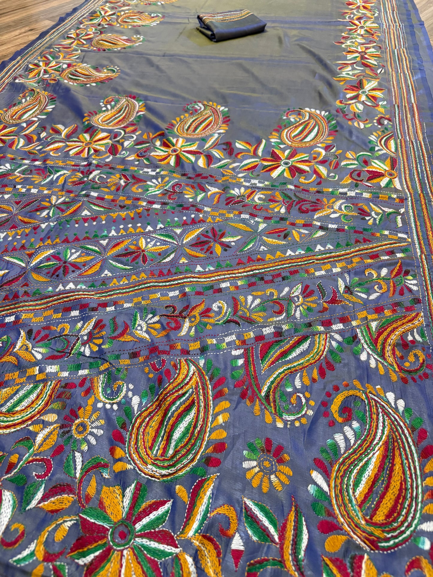 Gray Bangalore Silk Kantha Saree