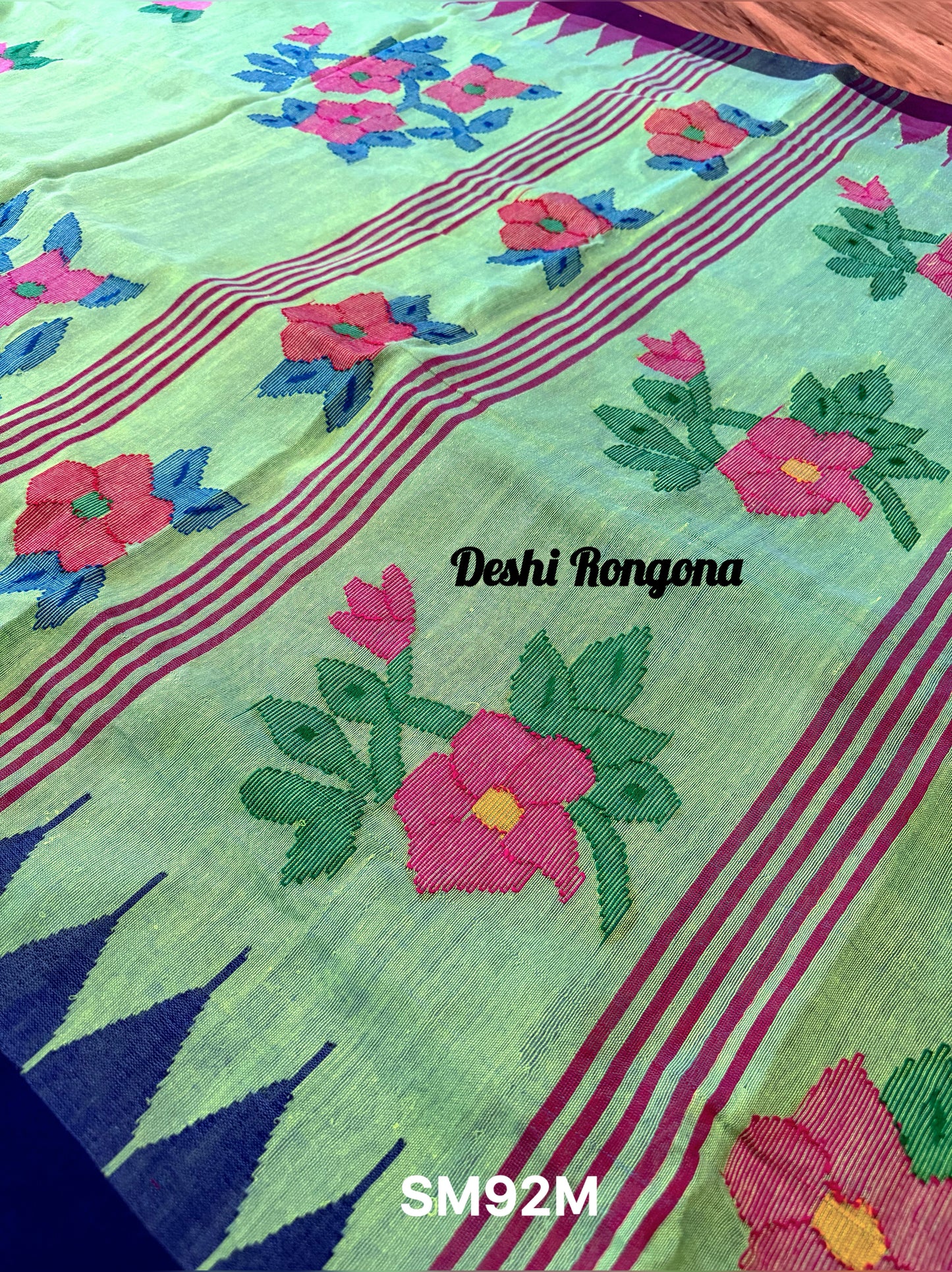 Sylheti Monipuri Saree, Mint with Purple/Blue Border