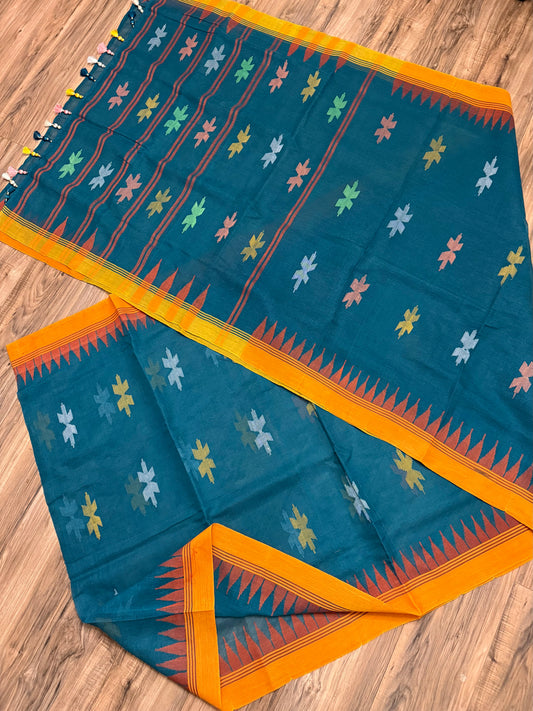 Sylheti Monipuri Handwoven Sea Green Saree with Orange