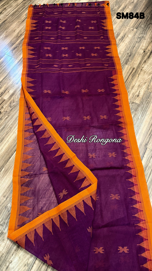 Monipuri Cotton saree, Burgundy and Orange