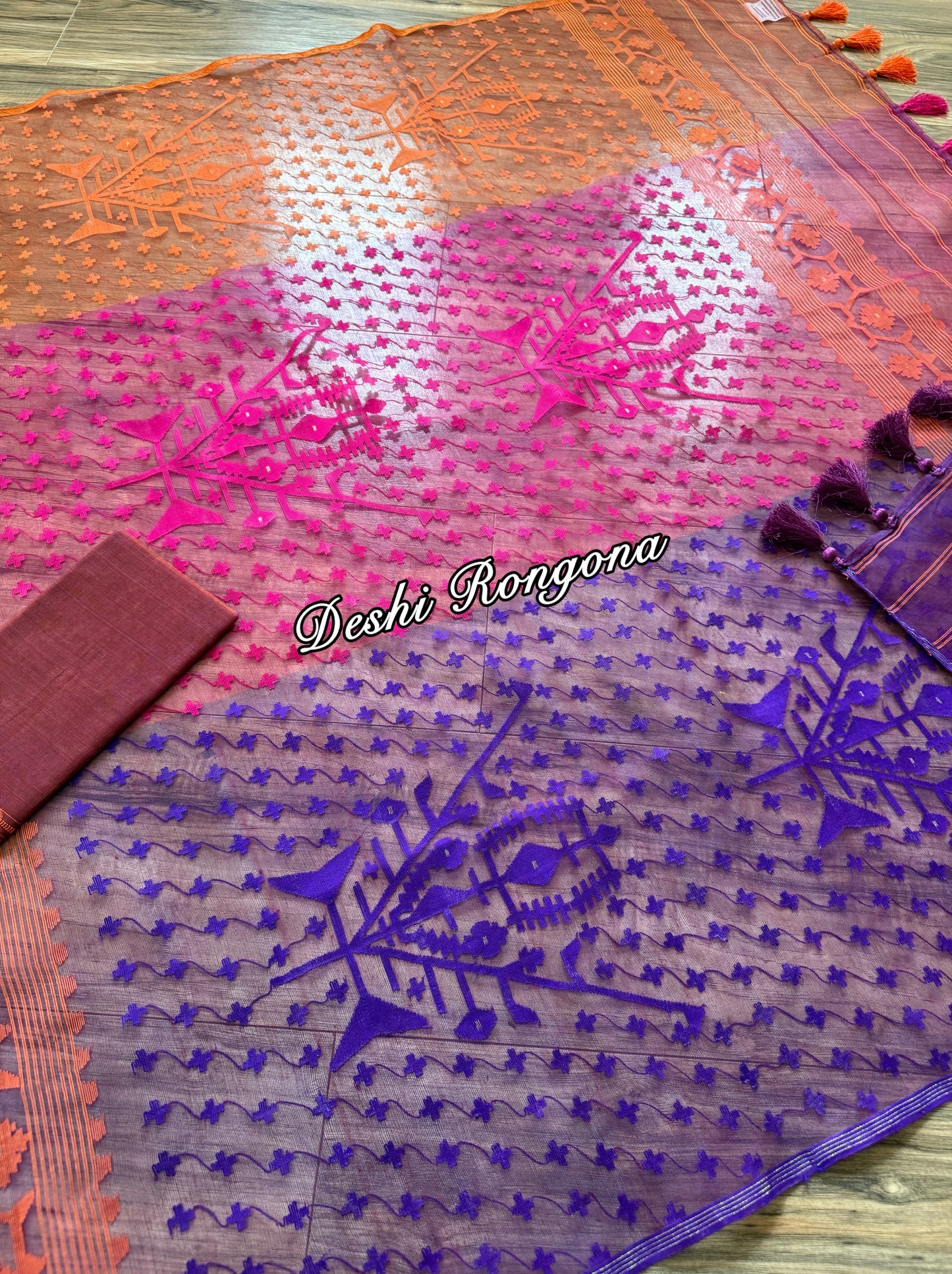 Elegant Magenta Orange Purple Dhakai Jamdani Saree - Handloom Classic