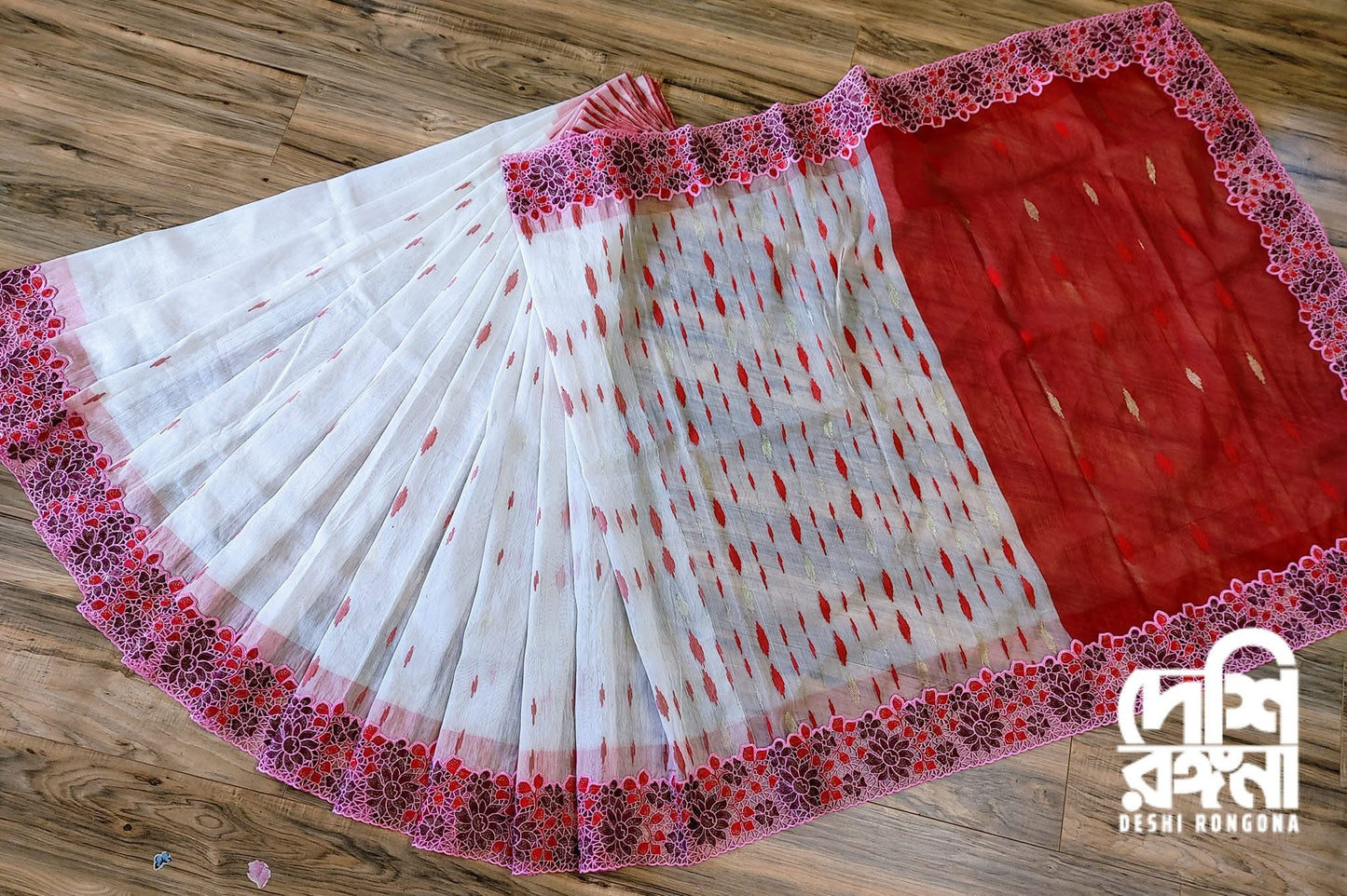 White-Red Cutwork Dhakai Jamdani – Designer Collection