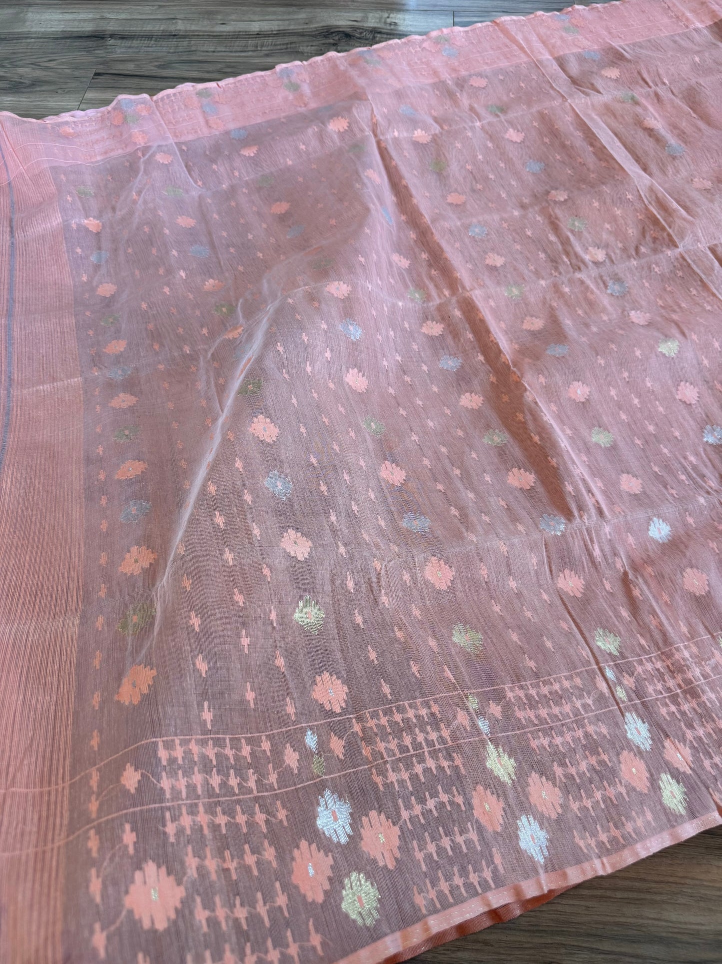 Handwoven Dhakai Jamdani Saree – Peach Halfsilk