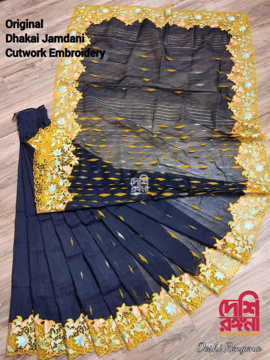 Black & Yellow Dhakai Jamdani with Cutwork Embroidery