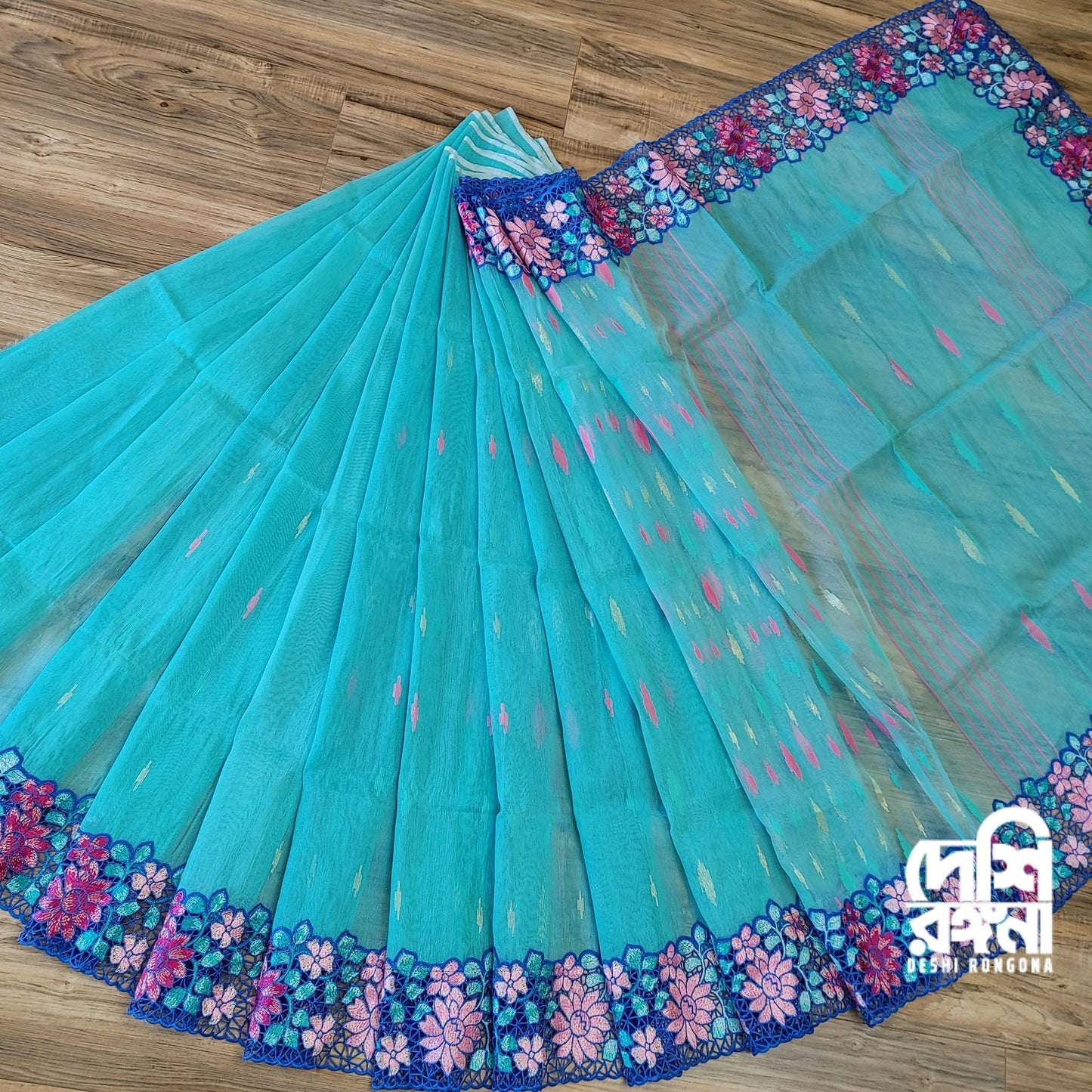 Turquoise Dhakai Jamdani with Cutwork Embroidery