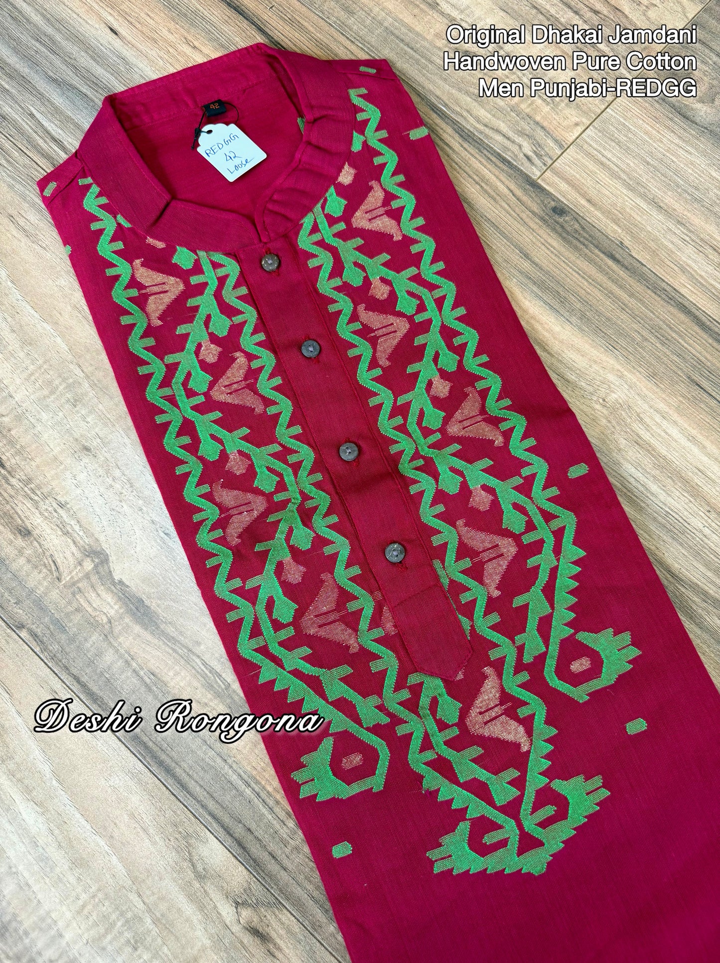 Original Dhakai Jamdani Punjabi – Handwoven Pure Cotton, RED