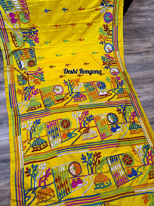 Yellow Bangalore Silk Kantha Saree