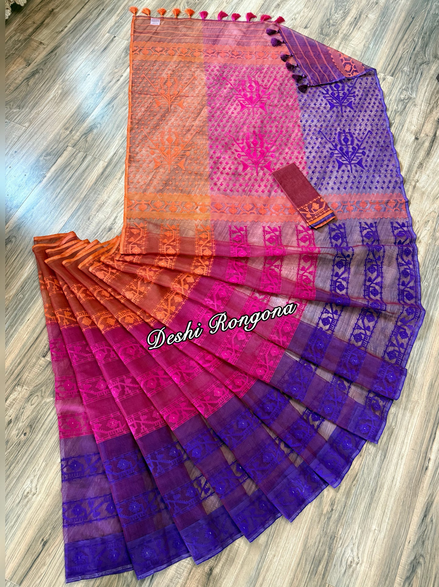 Elegant Magenta Orange Purple Dhakai Jamdani Saree - Handloom Classic
