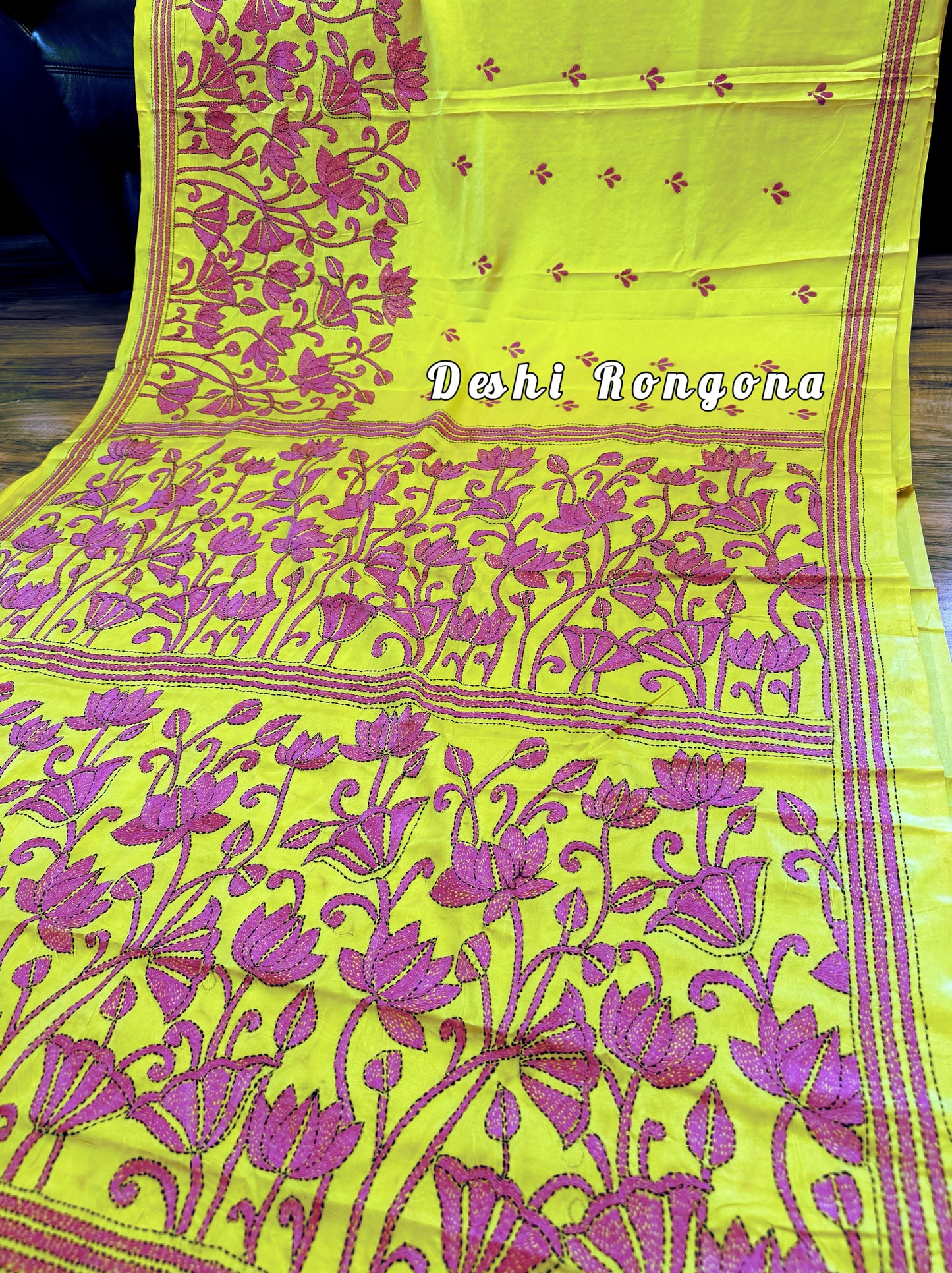 Yellow Bangalore Silk Magenta work Kantha Saree