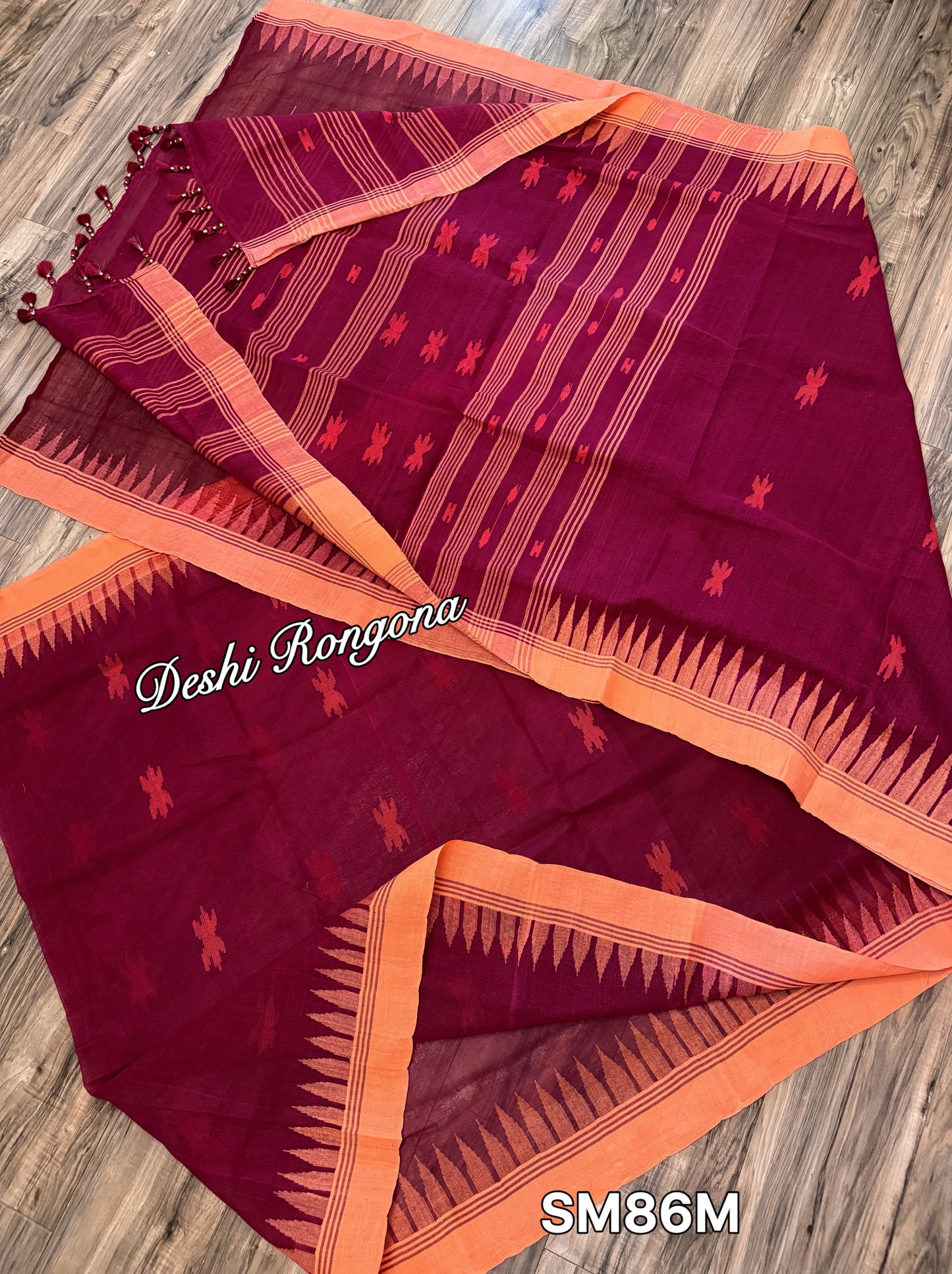 Monipuri Cotton saree, Maroon and Orange