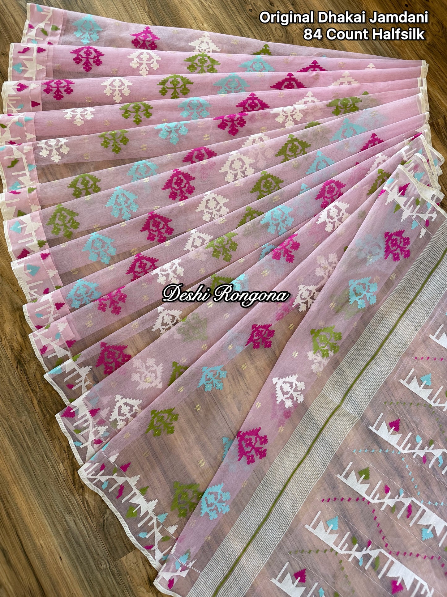 Handwoven Dhakai Jamdani Saree – Baby Pink Halfsilk