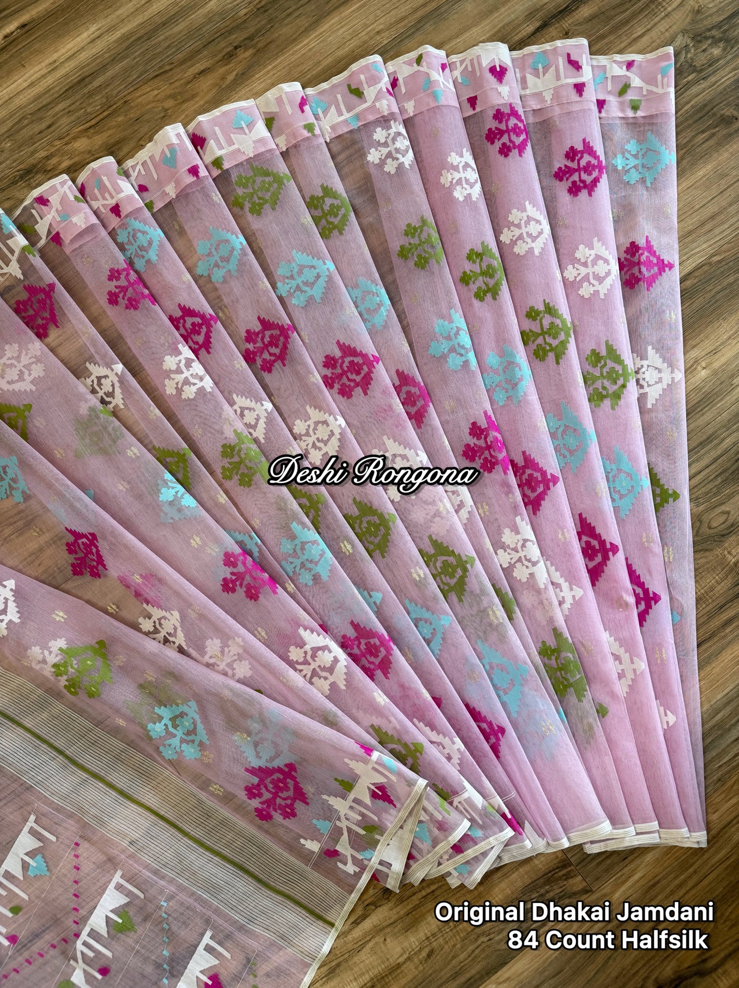 Handwoven Dhakai Jamdani Saree – Baby Pink Halfsilk