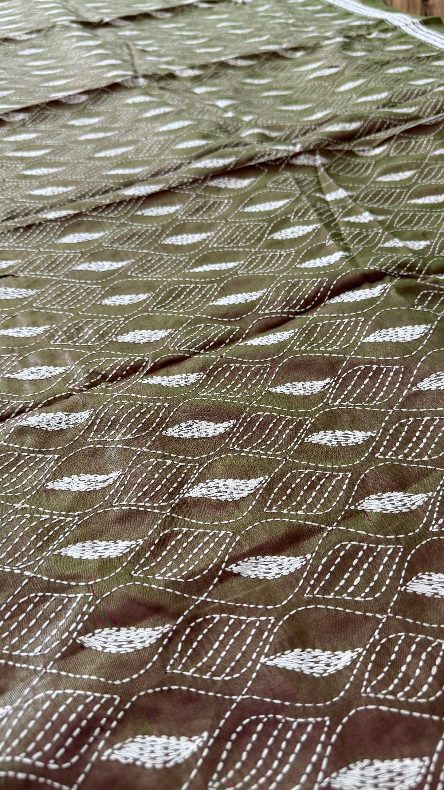 Duel Tone Olive Bangalore Silk Kantha Saree