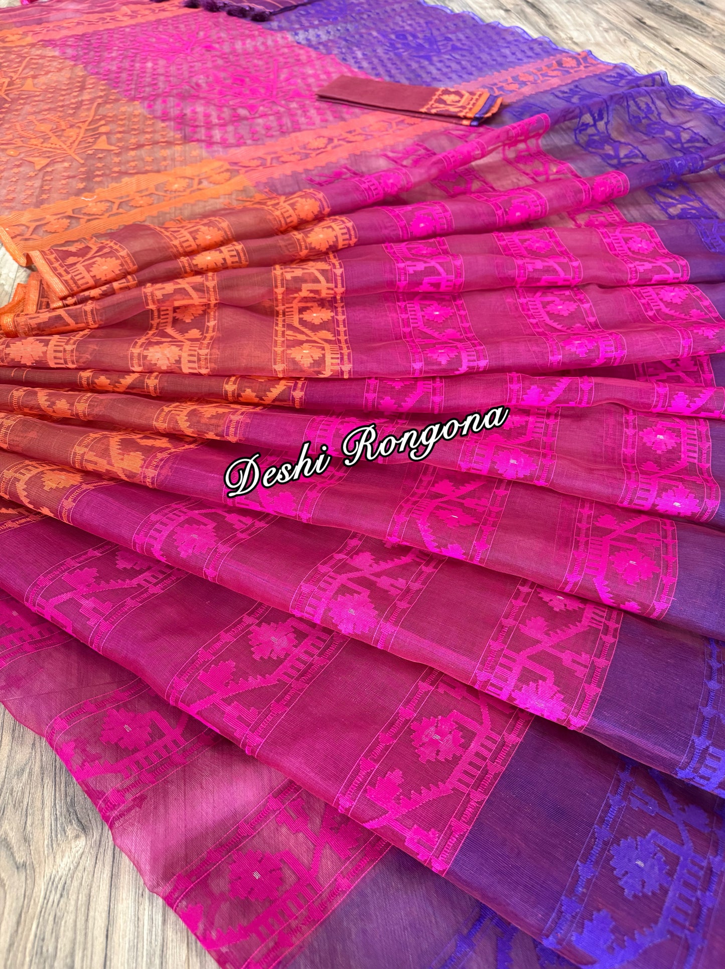 Elegant Magenta Orange Purple Dhakai Jamdani Saree - Handloom Classic