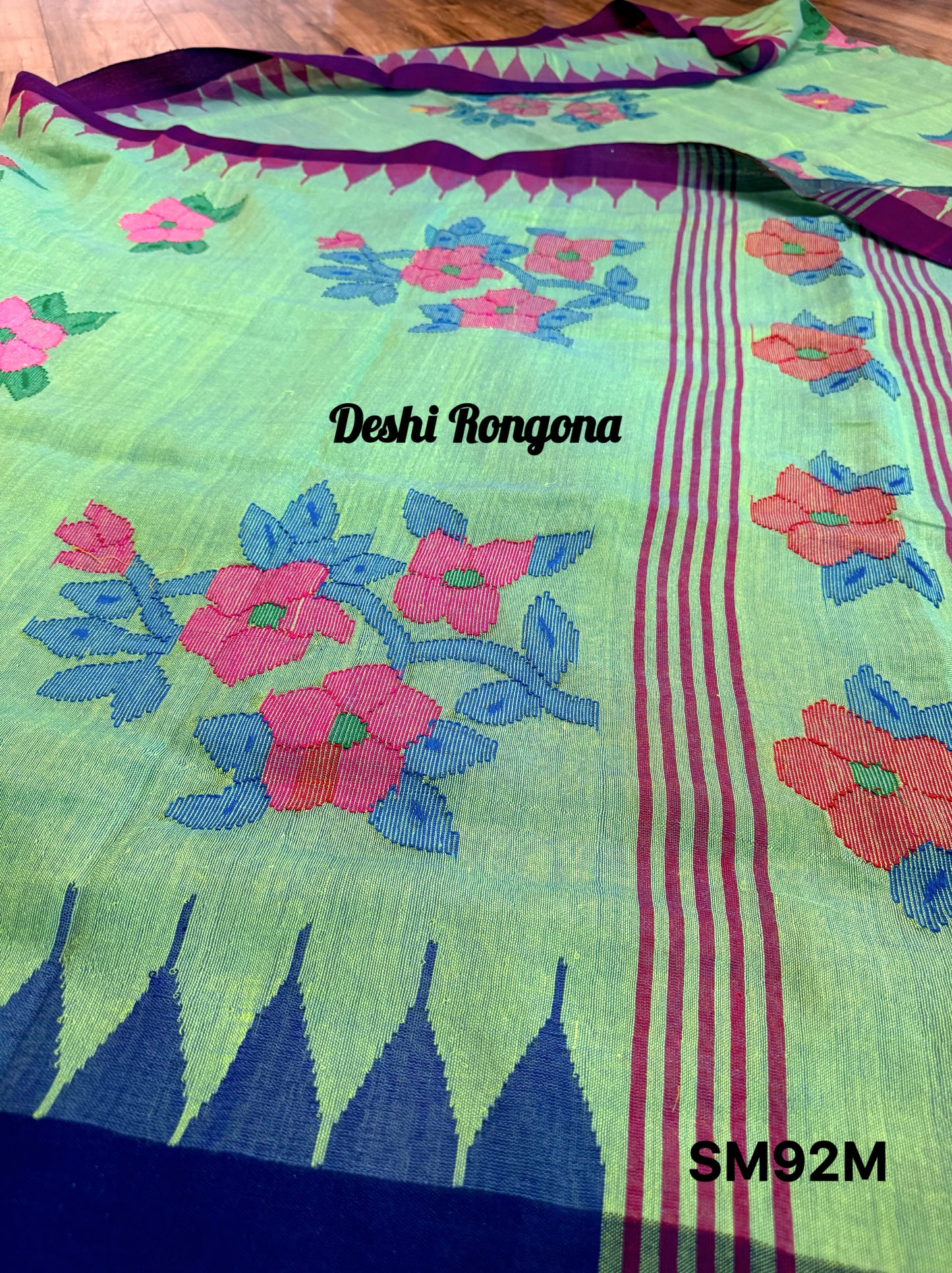 Sylheti Monipuri Saree, Mint with Purple/Blue Border