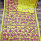 Yellow Bangalore Silk Magenta work Kantha Saree