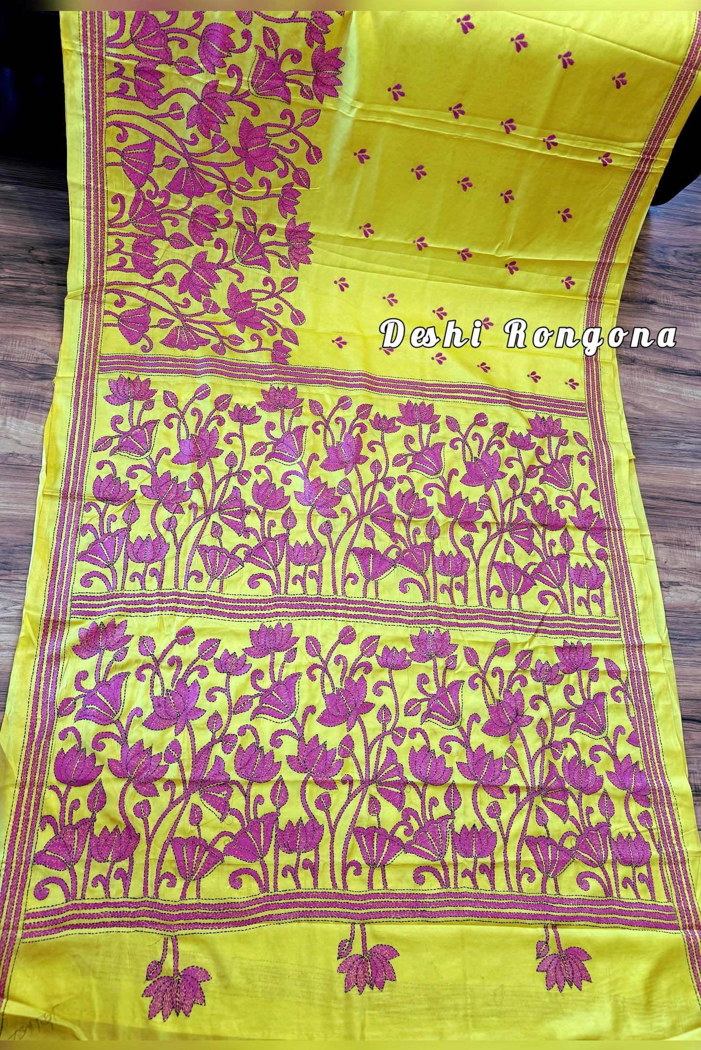 Yellow Bangalore Silk Magenta work Kantha Saree
