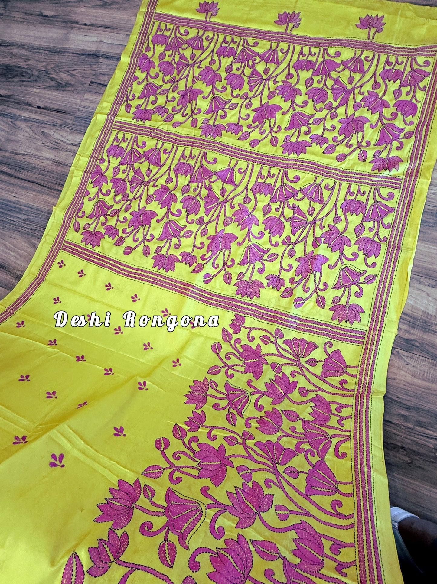 Yellow Bangalore Silk Magenta work Kantha Saree