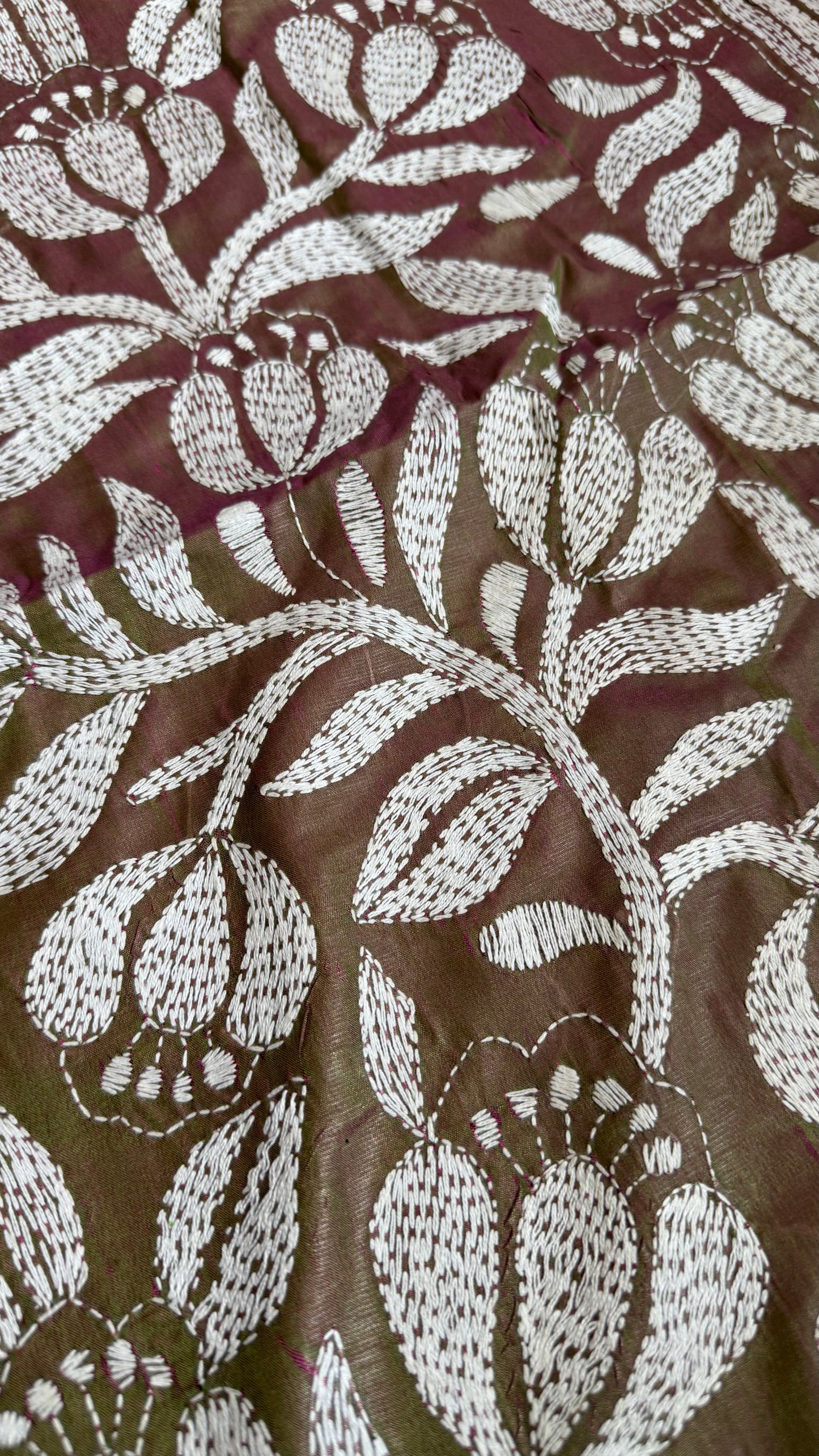 Duel Tone Olive Bangalore Silk Kantha Saree