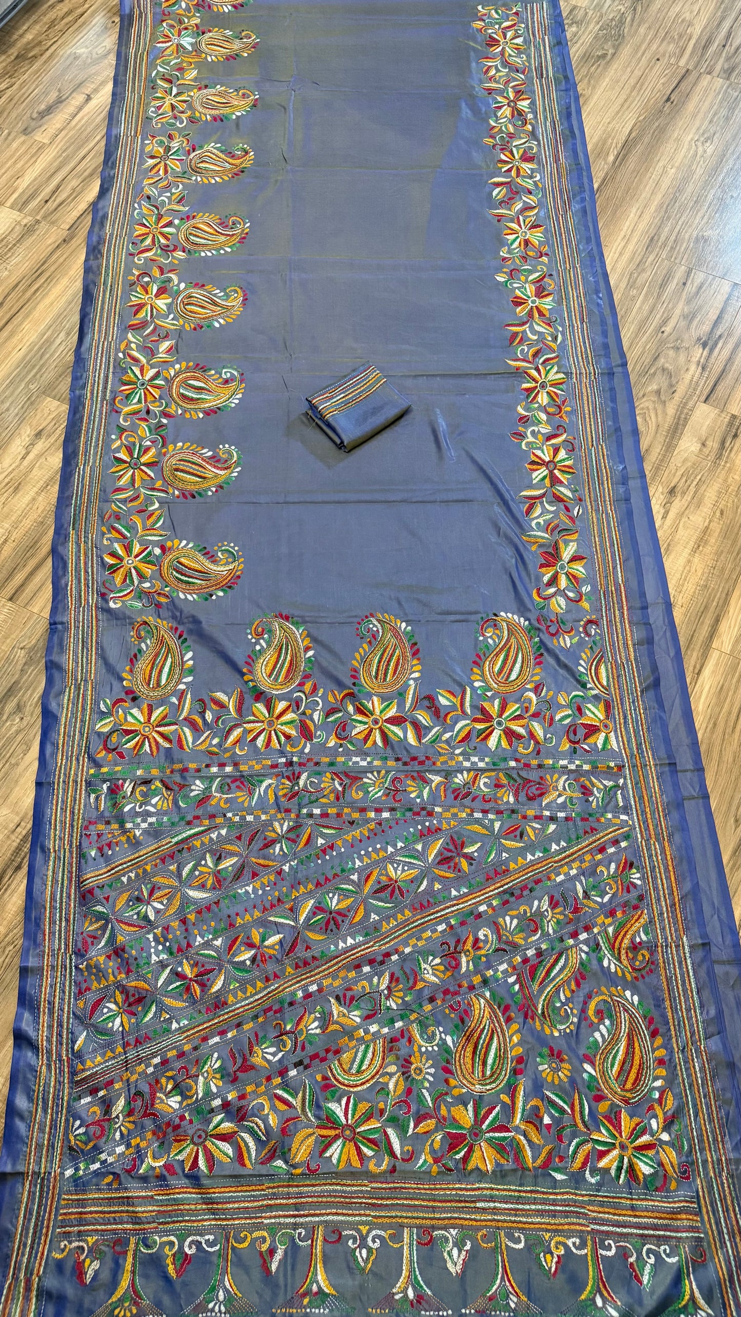 Gray Bangalore Silk Kantha Saree