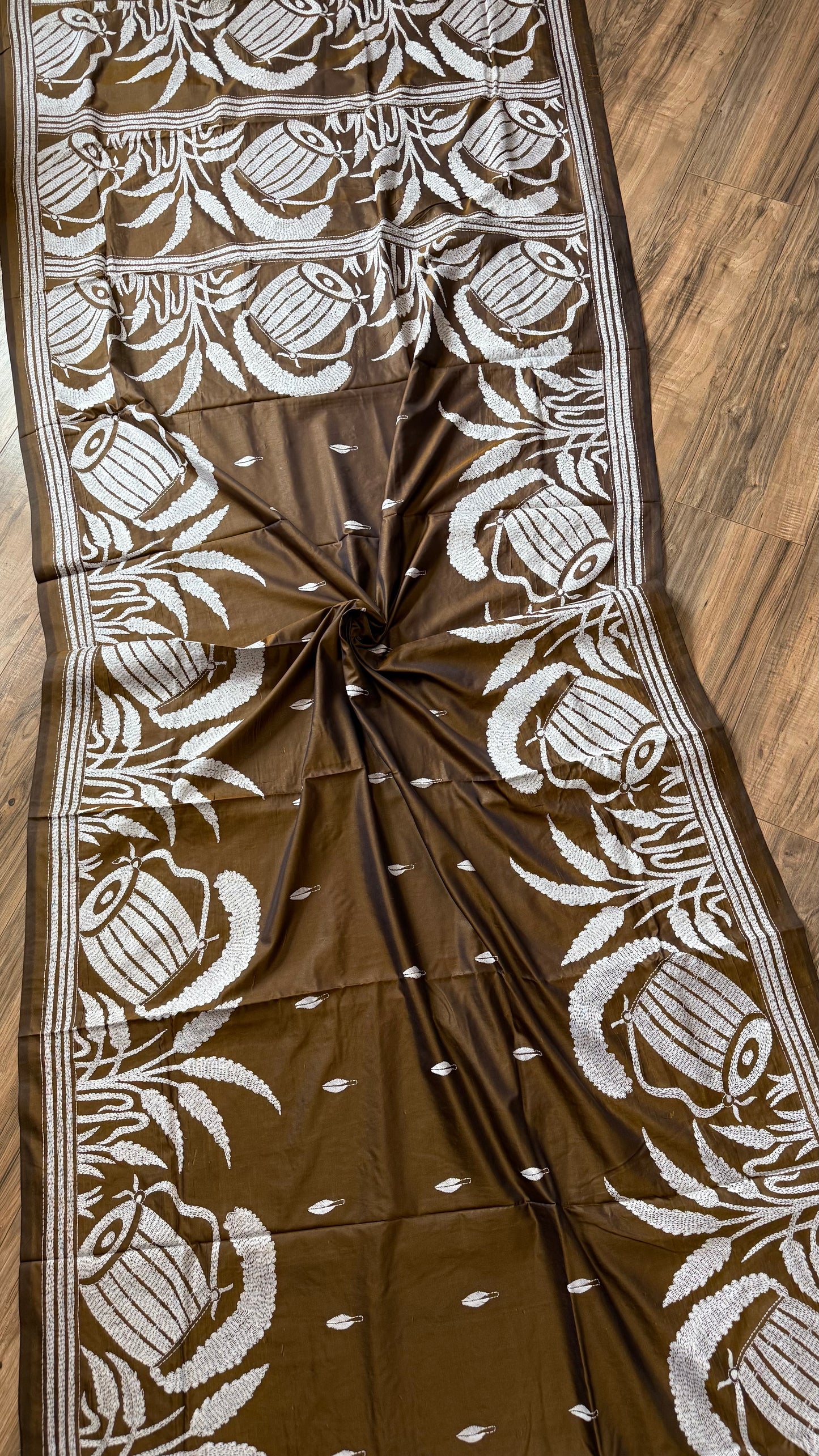 Brown Bangalore Silk Kantha Saree
