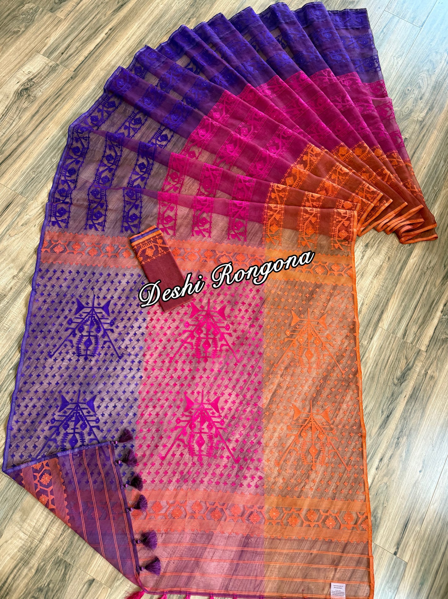 Elegant Magenta Orange Purple Dhakai Jamdani Saree - Handloom Classic