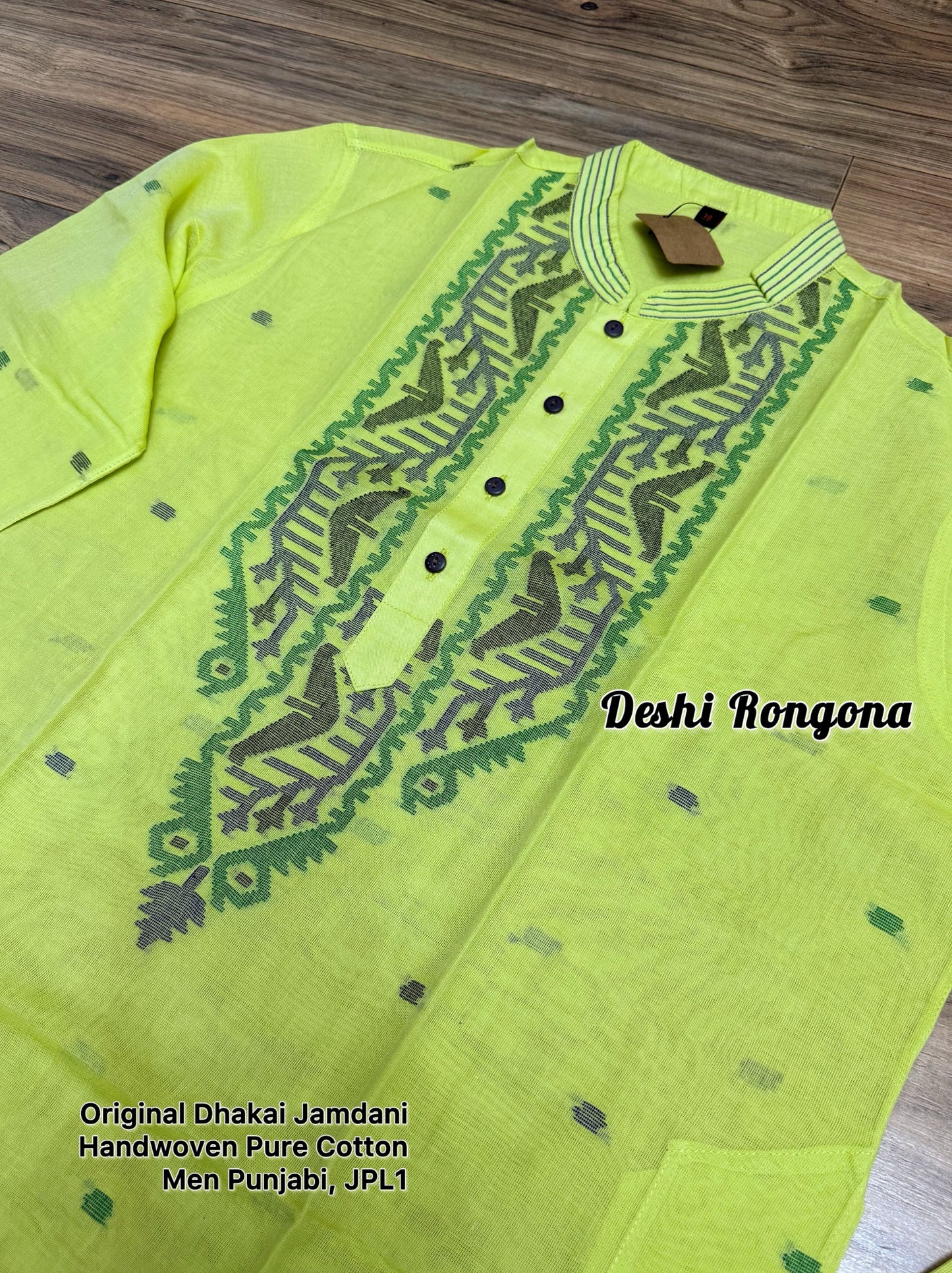 Original Dhakai Jamdani Punjabi, Handwoven Pure Cotton, Lime Color