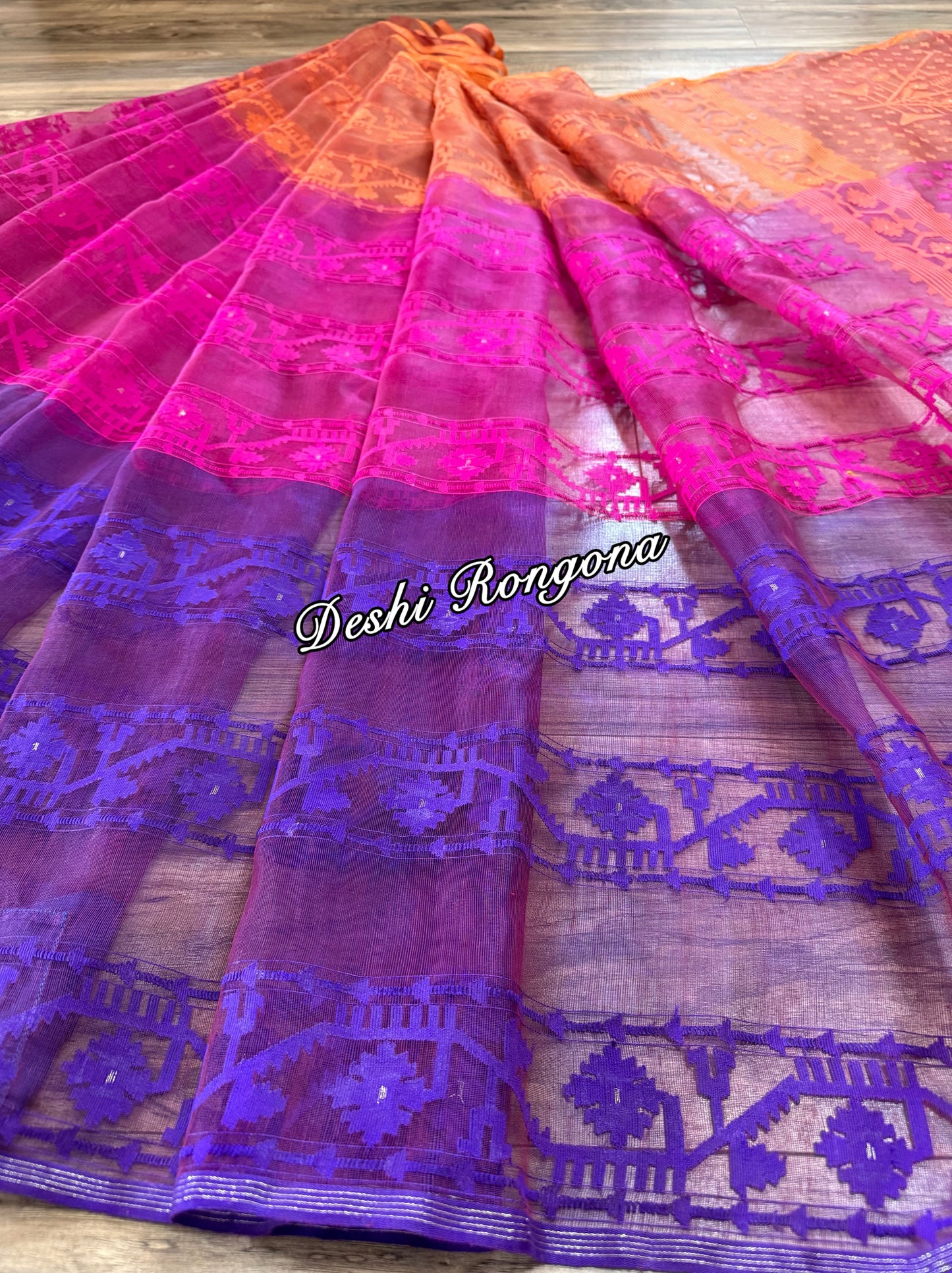 Elegant Magenta Orange Purple Dhakai Jamdani Saree - Handloom Classic