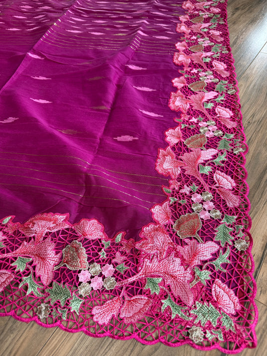 Cutwork Dhakai Jamdani – Hand Embroidered - Jam Magenta