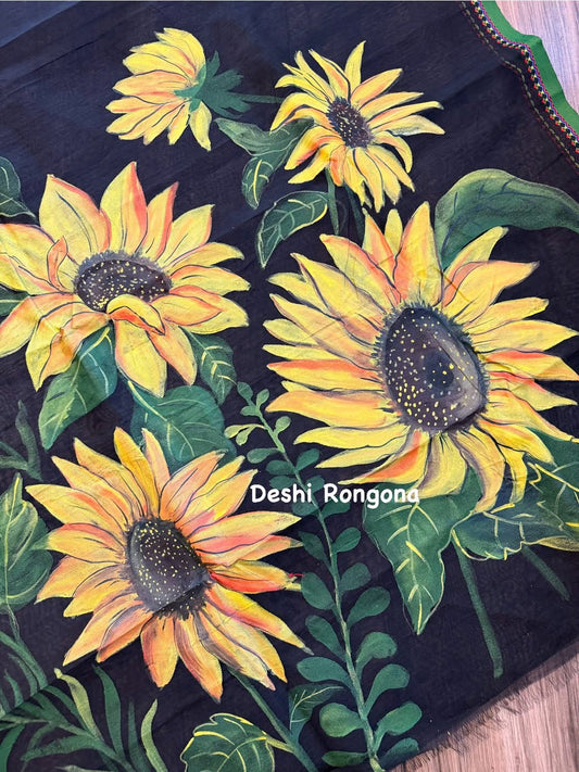 Handpainted Saree, Halfsilk Black Handloom Cotton Saree, Feel Special with this Exclusive and Rare Price of Art