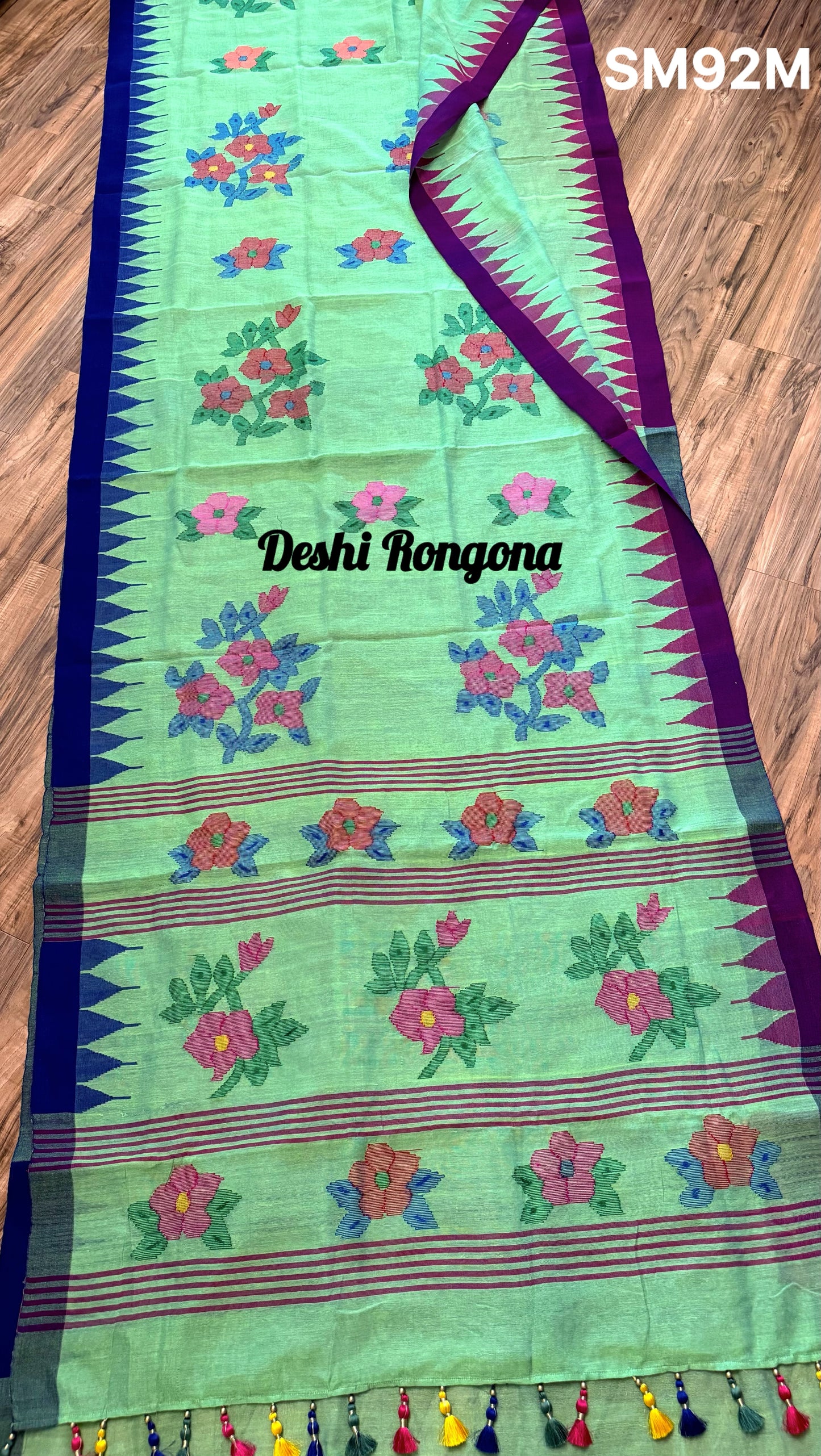 Sylheti Monipuri Saree, Mint with Purple/Blue Border