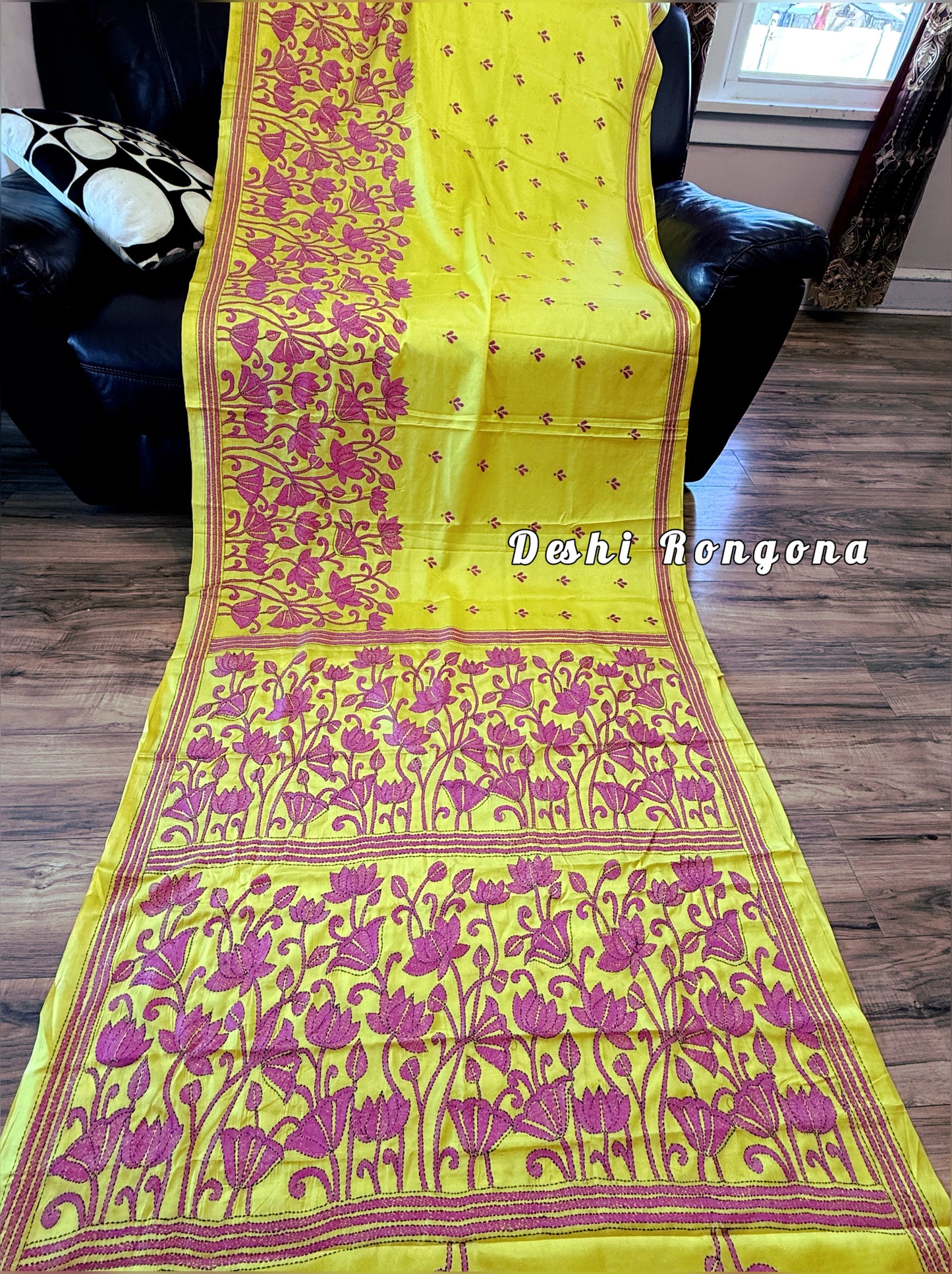 Yellow Bangalore Silk Magenta work Kantha Saree