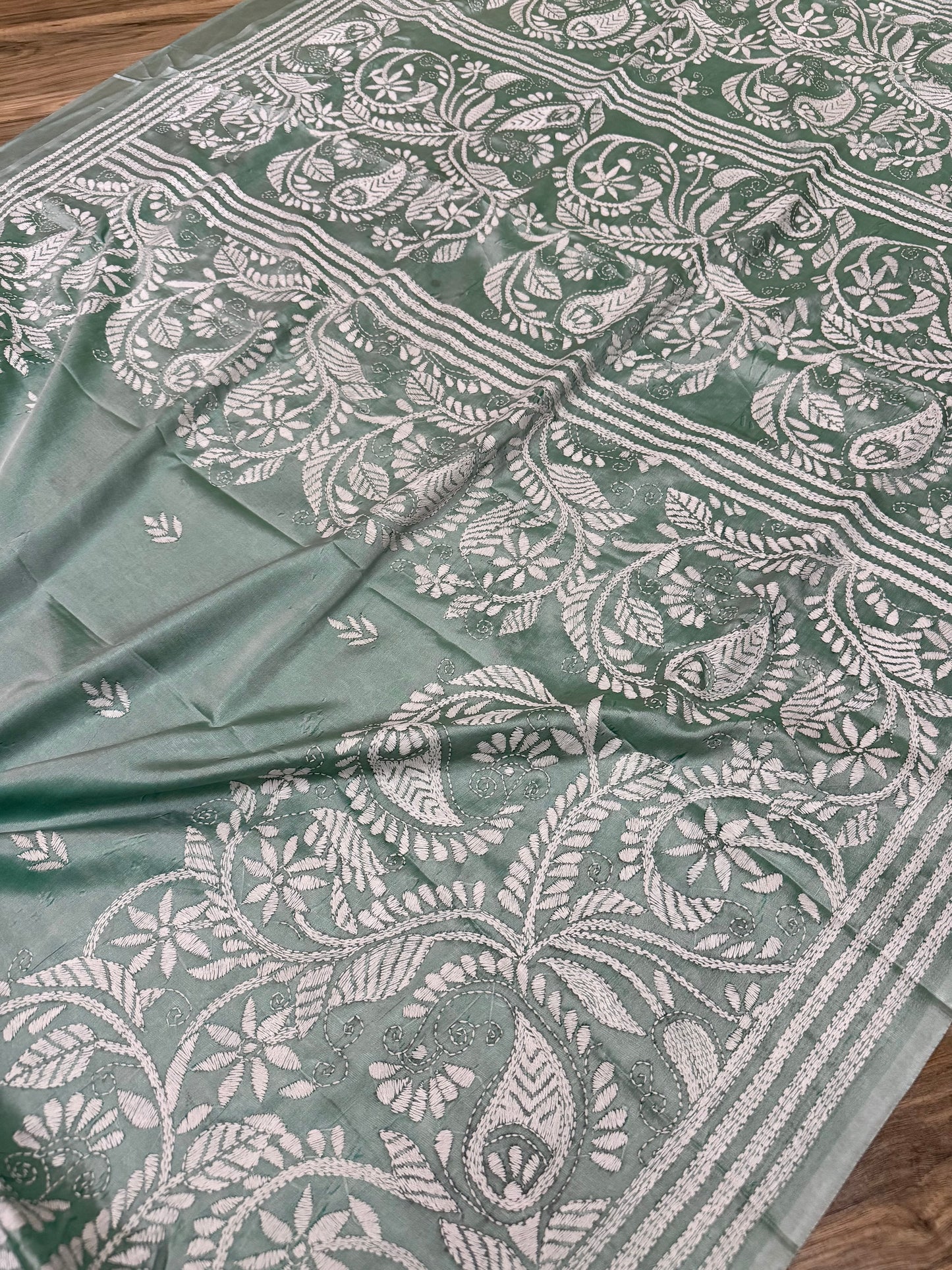 Bangalore Silk Kantha Saree - Light Mint