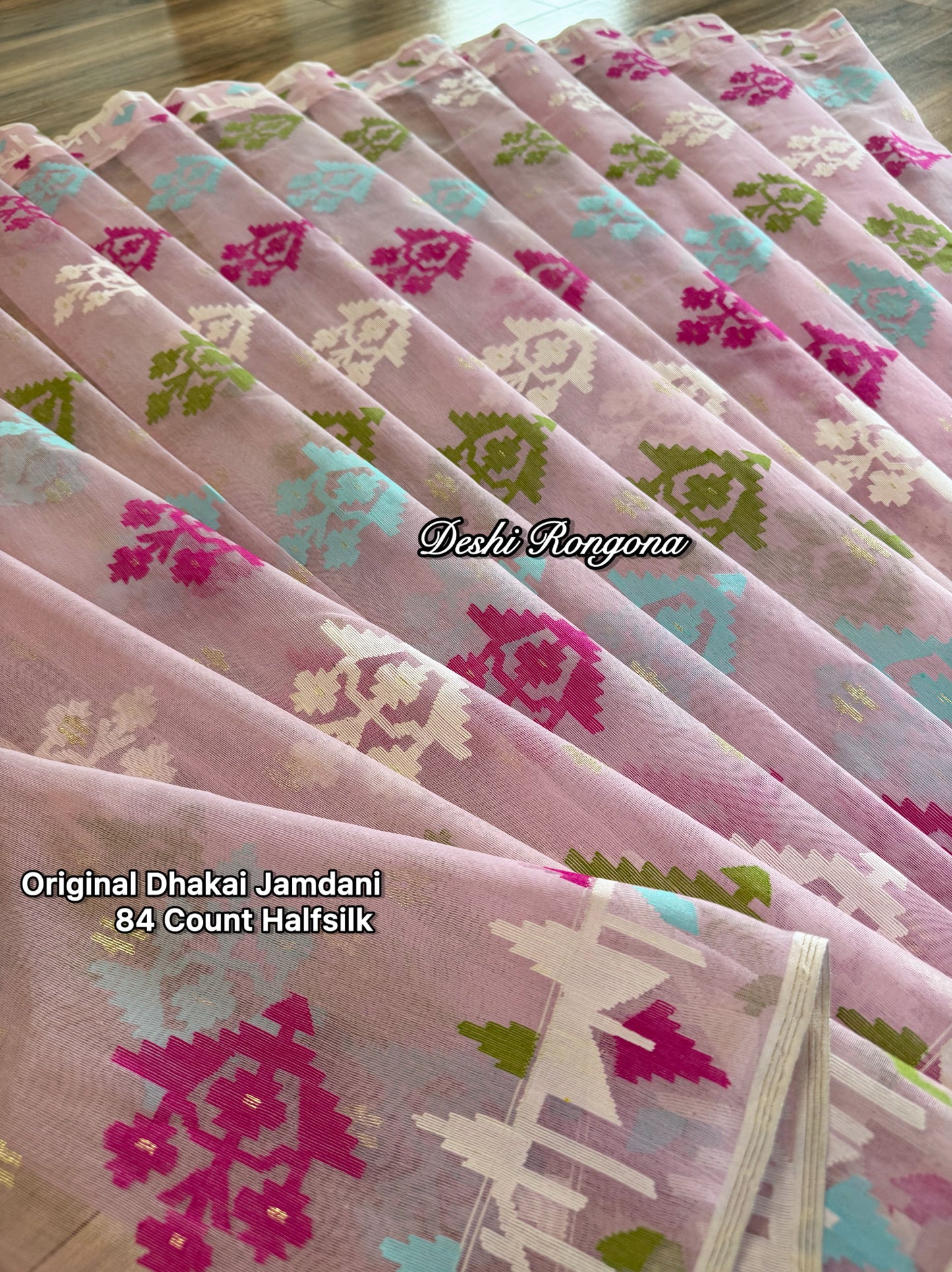 Handwoven Dhakai Jamdani Saree – Baby Pink Halfsilk